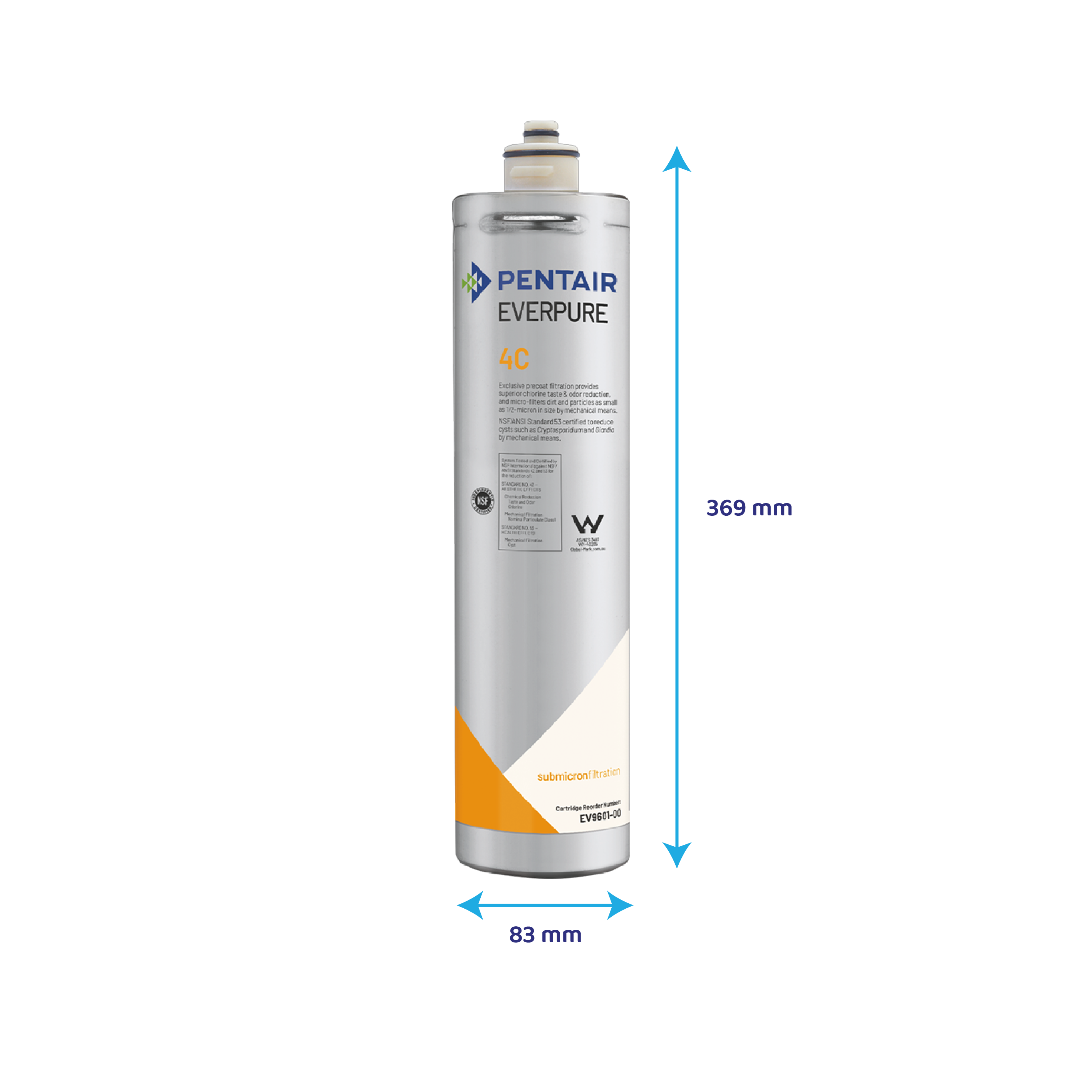 Pentair Everpure 4C Wasserfilter mit Abmessungen von 369 mm Höhe und 83 mm Breite.