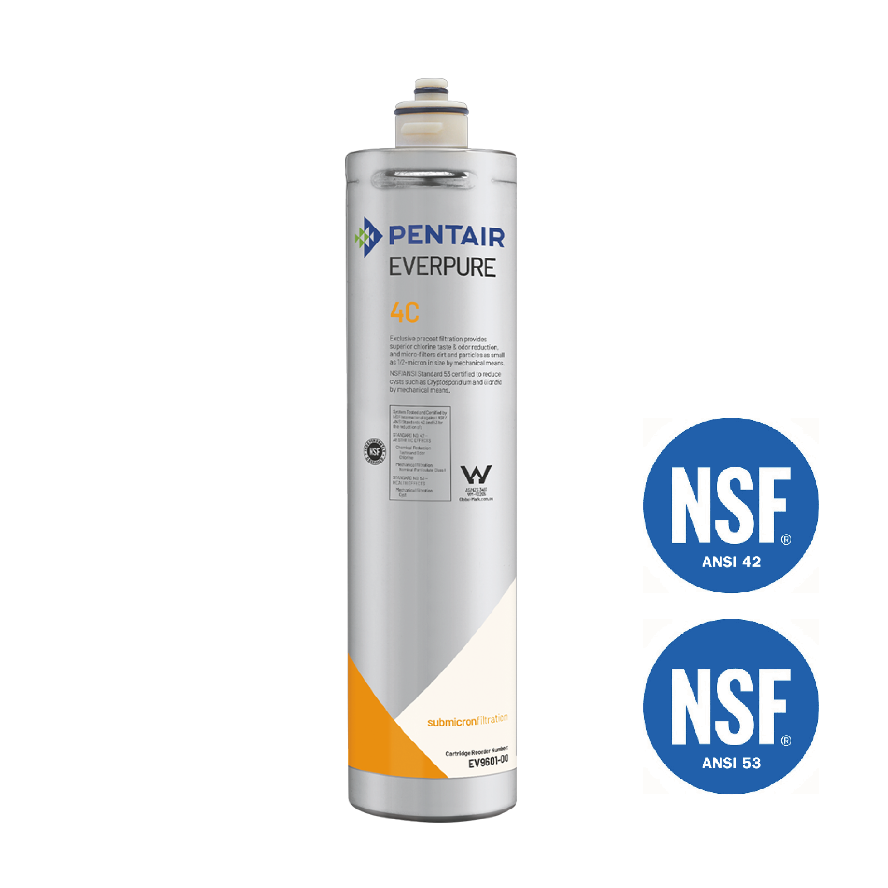 Pentair Everpure 4C Wasserfilter mit NSF-Zertifizierungslogos.