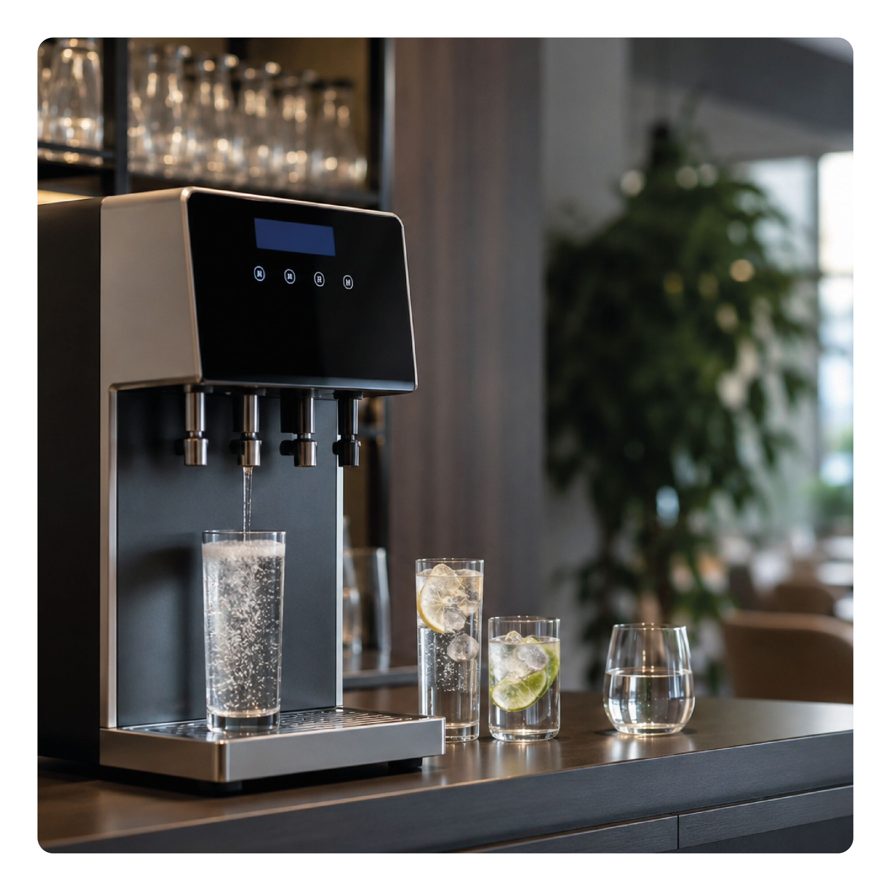 Wasserspender auf der Theke füllt ein Glas, andere Gläser mit Zitrusfrüchten stehen daneben.