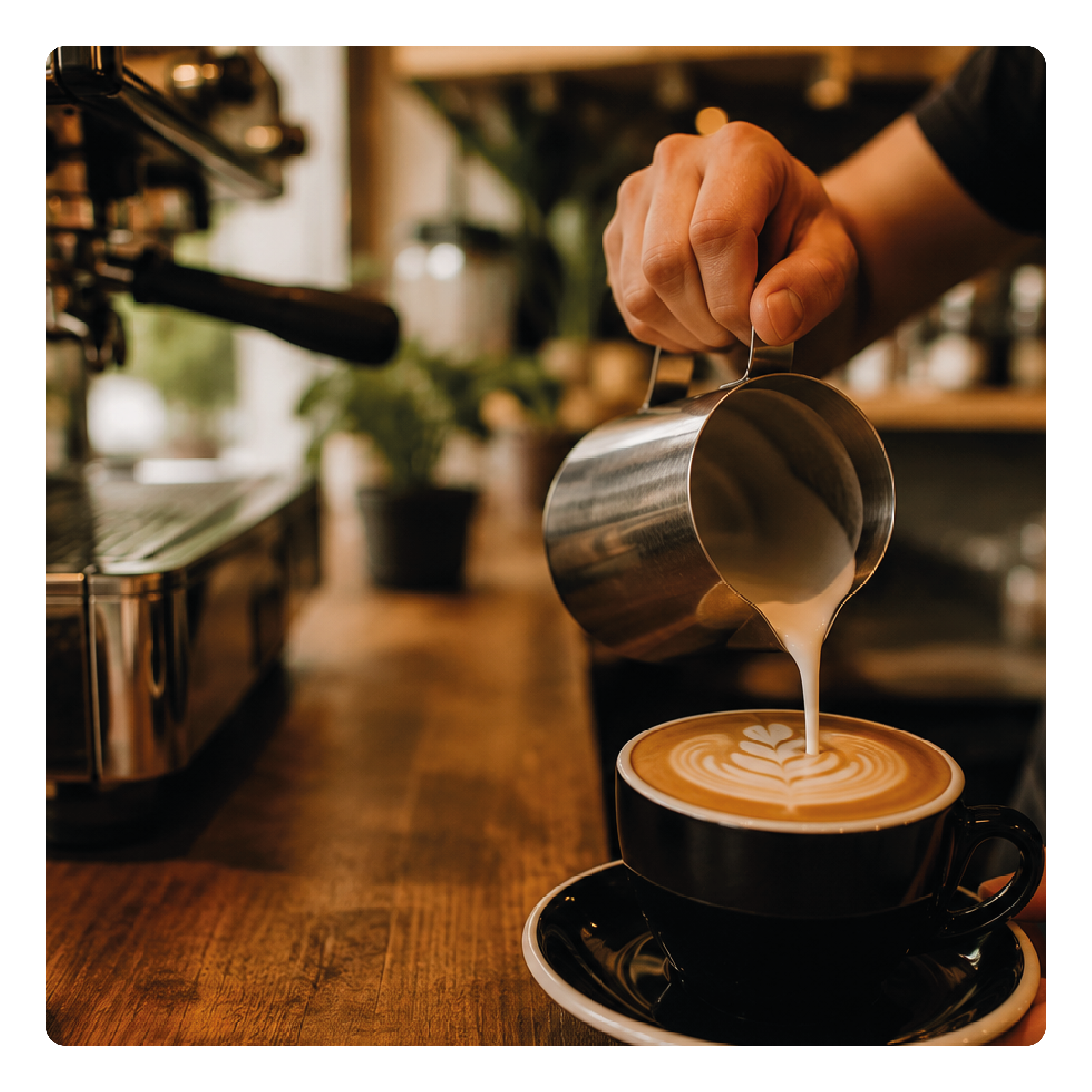 Ein Barista gießt Milch in eine Tasse Kaffee auf einem Holztresen.