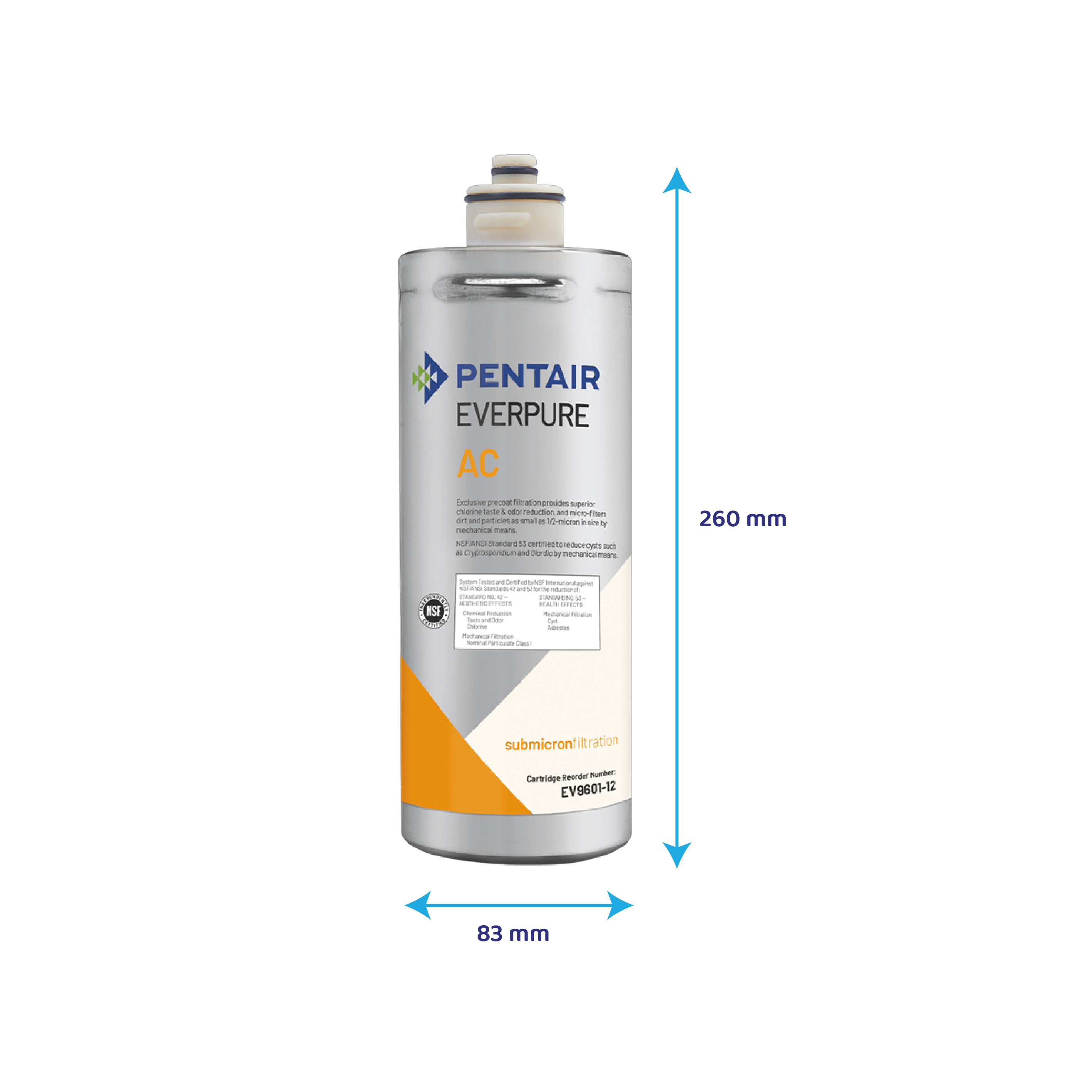Pentair Everpure AC Wasserfilterkartusche mit Maßangaben von 260 mm Höhe und 83 mm Breite.