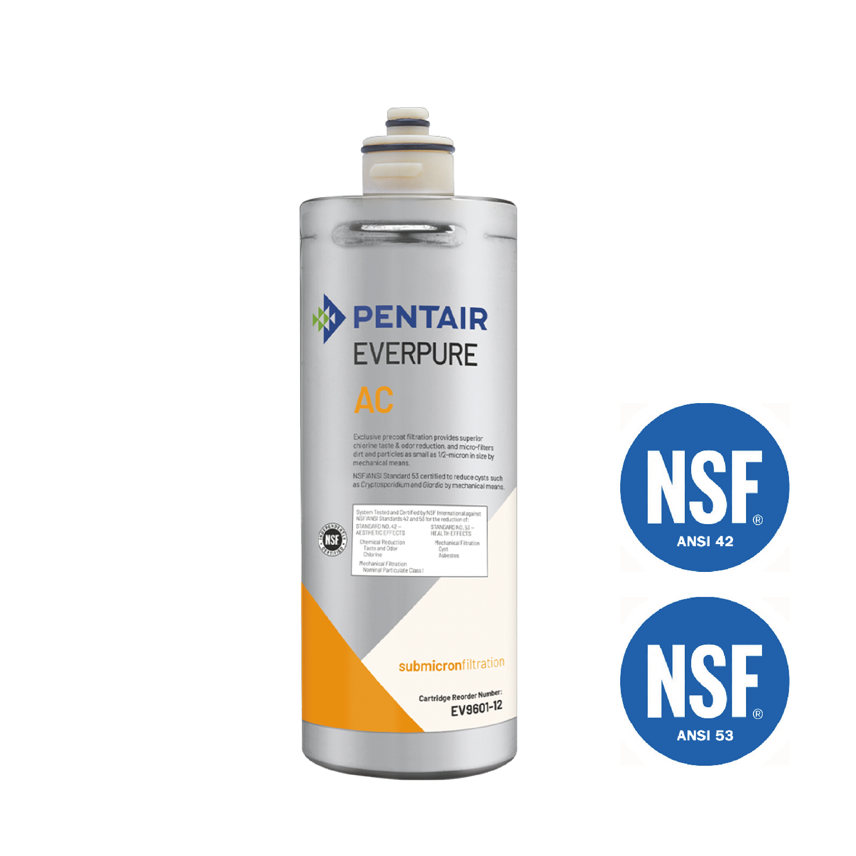 Pentair Everpure AC Wasserfilterkartusche mit zwei blauen NSF-Zertifizierungssiegeln rechts vor weißem Hintergrund.