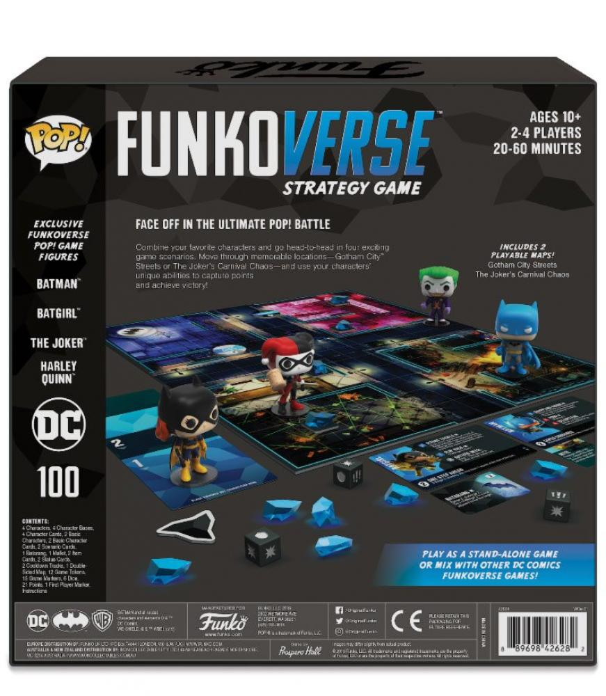 Die Rückseite der FunkoVerse Batman Strategiespiel Box zeigt Figuren, Karten und das Spielbrett.