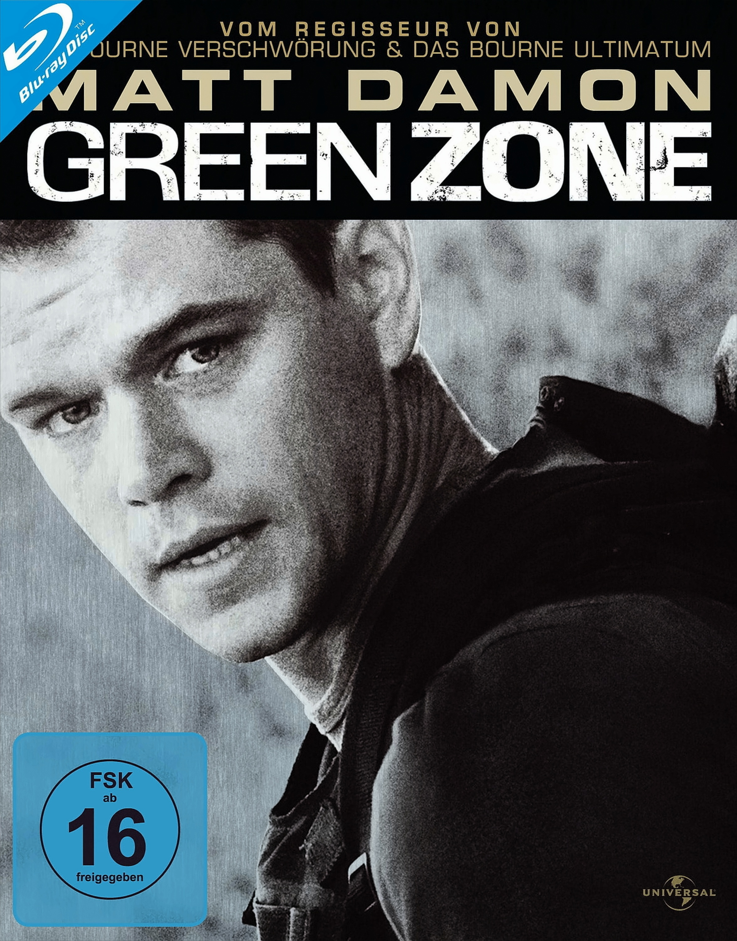 Blu-Ray-Cover des Films Green Zone mit Matt Damon in Nahaufnahme in Schwarz-Weiß.
