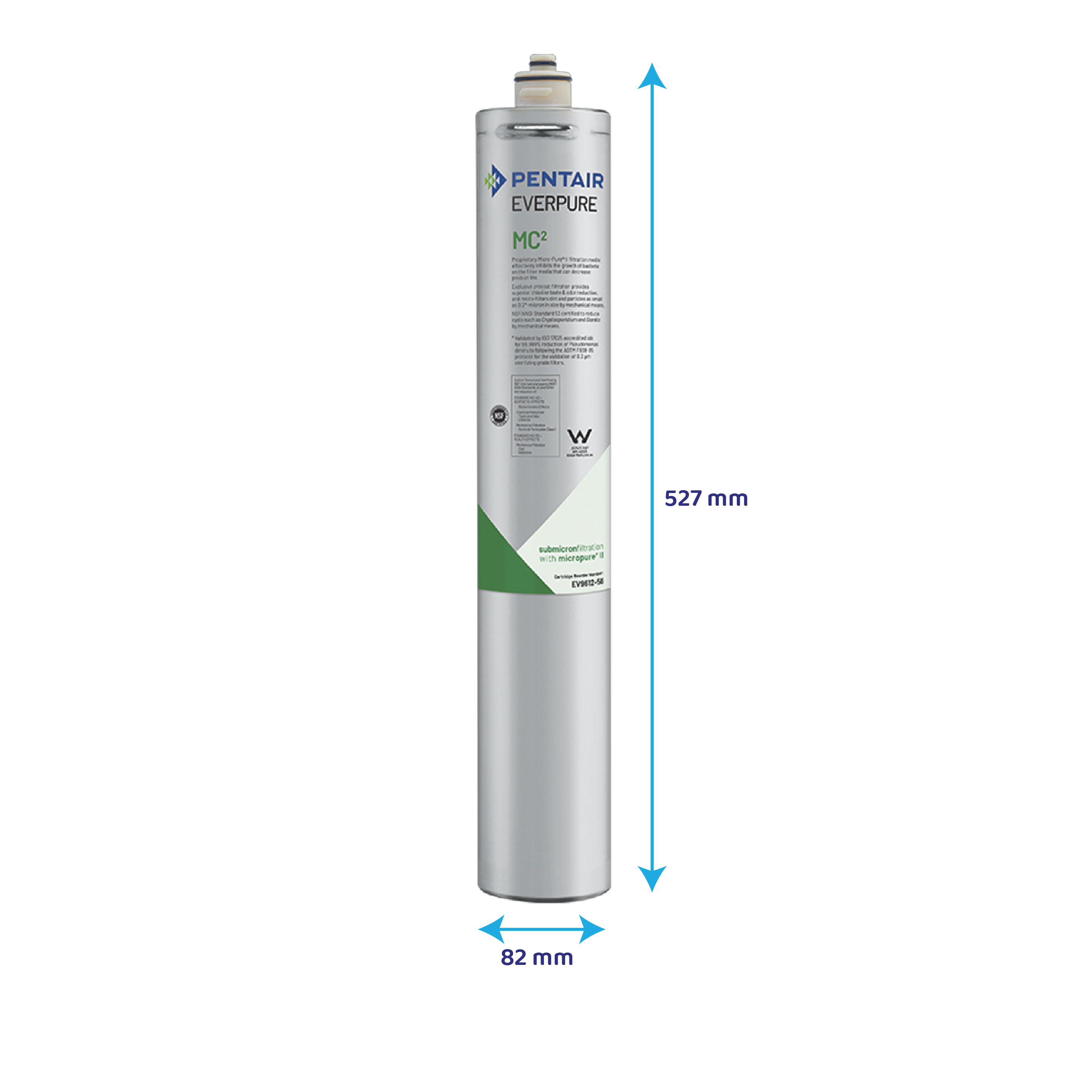 Eine silberne Pentair Everpure MC2 Wasserfilterkartusche mit Maßpfeilen für 527 mm Höhe und 82 mm Breite.