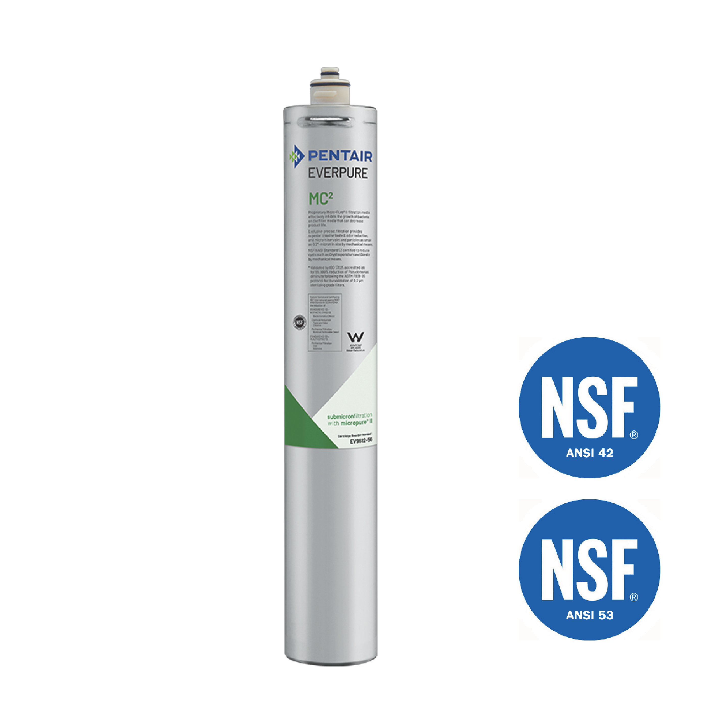 Pentair Everpure MC2 Wasserfilter mit zwei blauen NSF-Zertifizierungssiegeln rechts auf weißem Hintergrund.