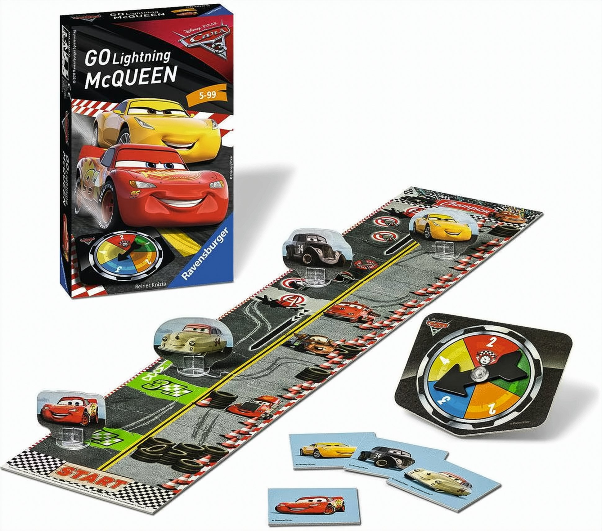 Ravensburger Cars Brettspiel mit Box, langer Rennstrecke, Charakterfiguren, Karten und buntem Spinner.