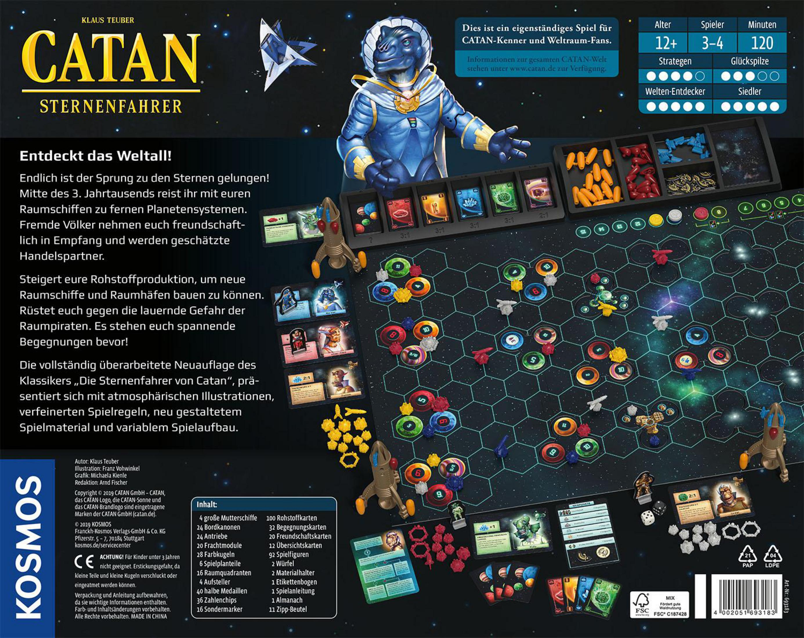 Das Brettspiel Catan Sternenfahrer mit Spielplan, Karten, farbigen Figuren und Anleitungen auf schwarzem Hintergrund.