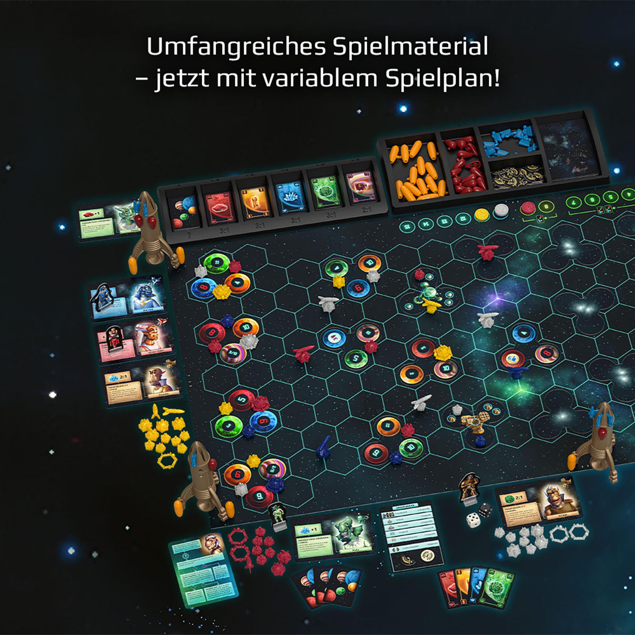Ein komplexes Weltraum-Brettspiel mit Sechseckfeldern, bunten Markern, Karten und Miniatur-Raketen vor Sternenhintergrund.