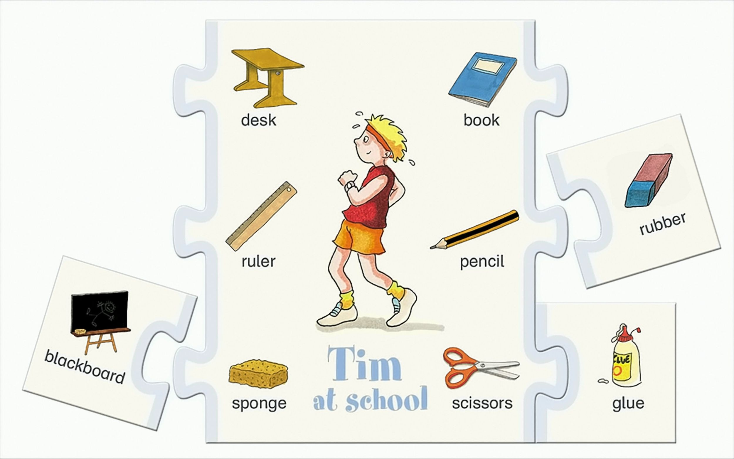 Ein Lernpuzzle mit Schulsachen und dem Text Tim at school.