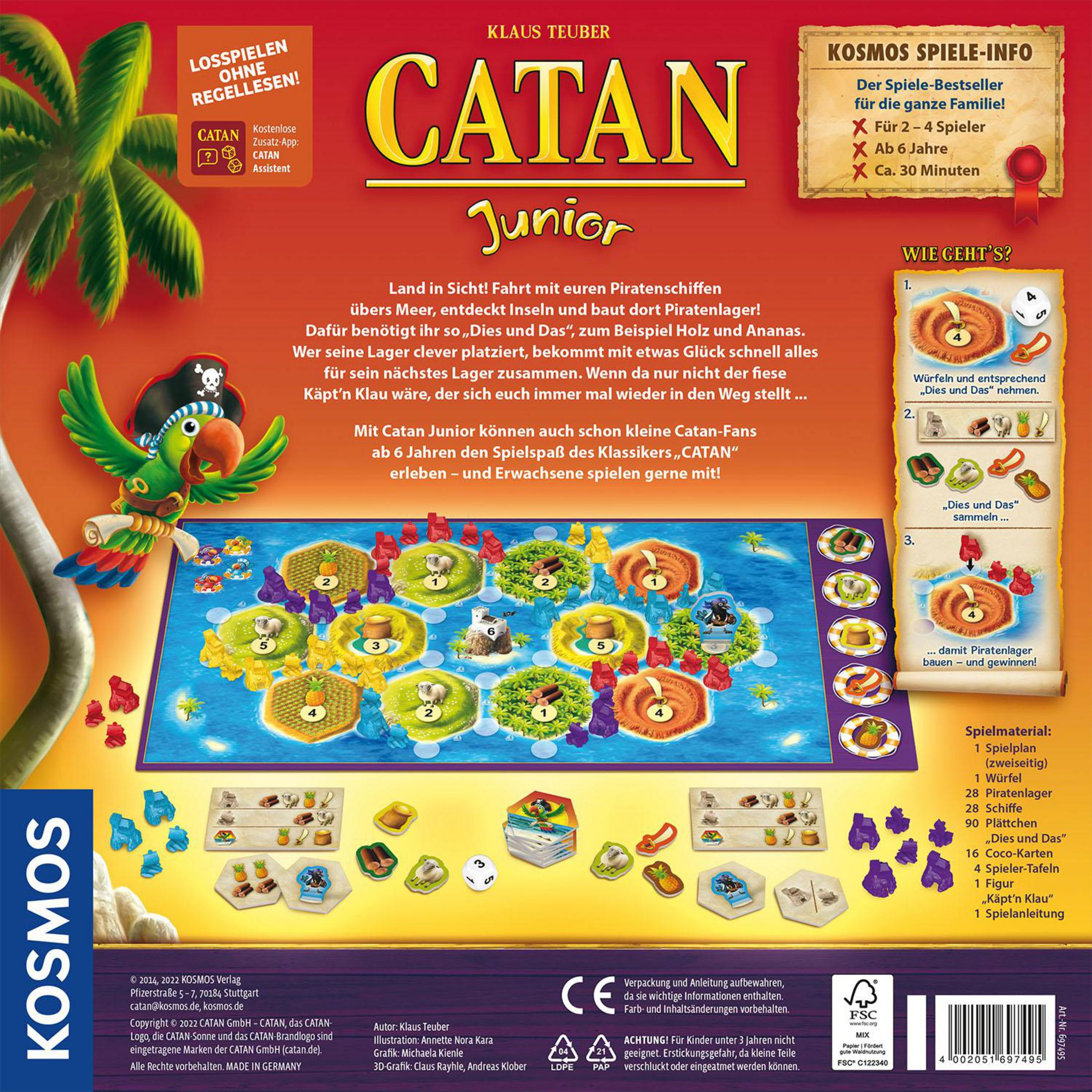 Verpackung der Catan Junior Brettspiel-Ausgabe mit bunter Inselkarte, Piraten-Symbolen und Spielregeln.