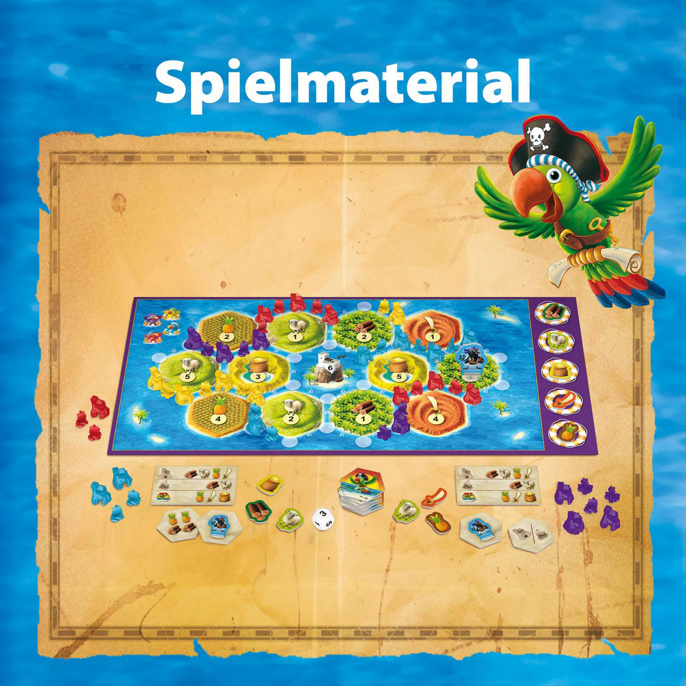 Catan Junior Spielmaterial mit Spielbrett, Figuren, Karten und Würfel, daneben ein Papagei.