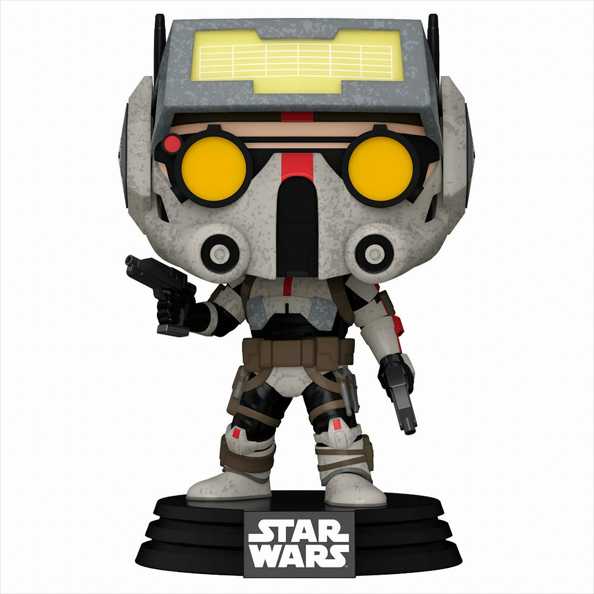 Star Wars Echo Funko Pop Figur in grauer Rüstung mit gelben Augen und zwei Blastern auf schwarzem Sockel.