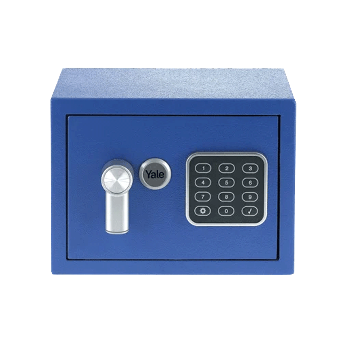 Caja fuerte azul de Yale con tirador plateado, cerradura y teclado digital.