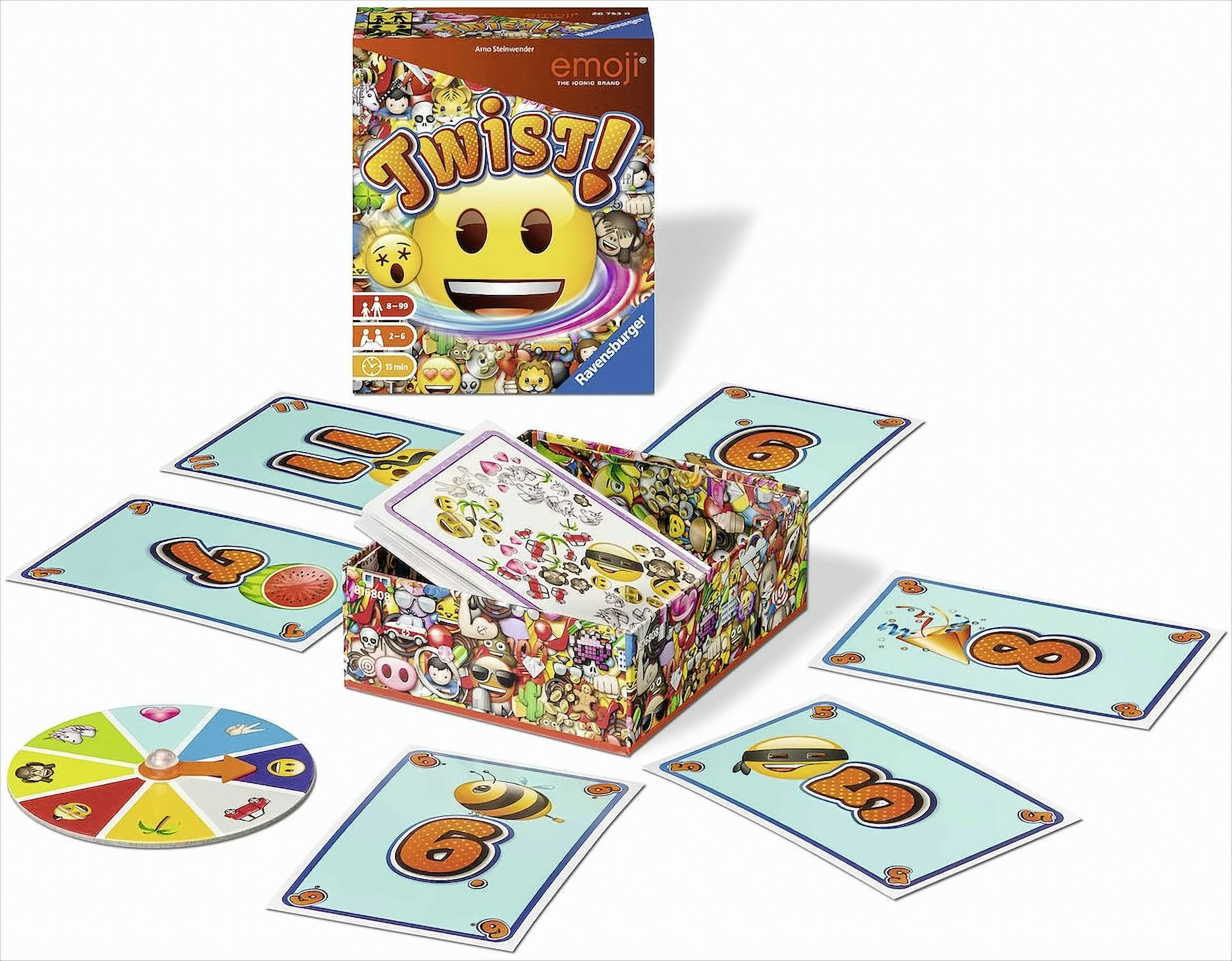 Ravensburger Twist! Brettspiel mit Schachtel, Karten mit Emojis und Zahlen, und einem bunten Spinner auf weißem Grund.