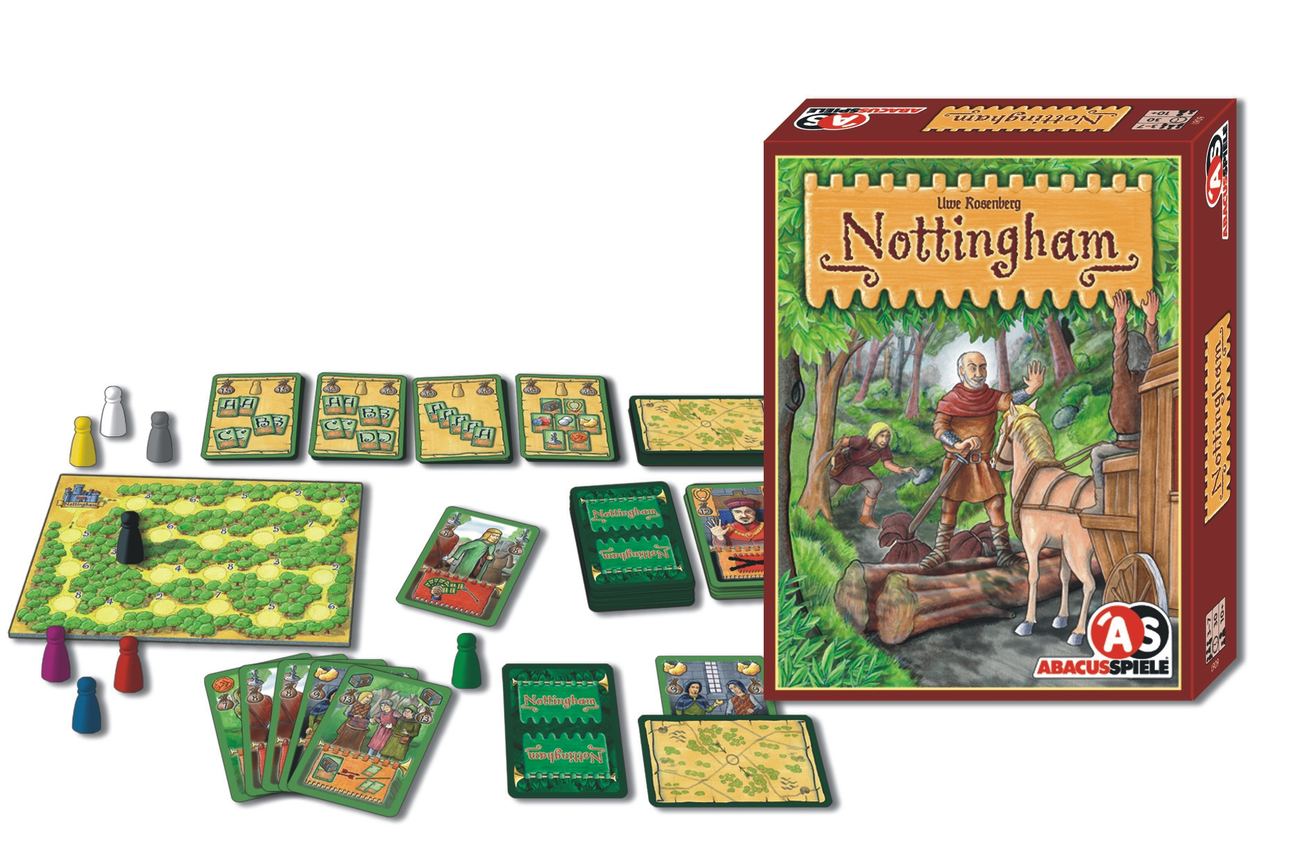 Das Brettspiel Nottingham mit Spielkarten, Holzfiguren, Spielbrett und der bunten Verpackung.