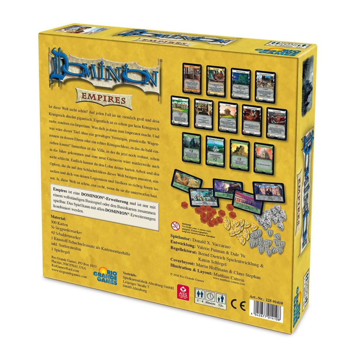 Die gelbe Rückseite der Dominion Empires Erweiterungsbox mit Karten, Texten und Spielmaterial.