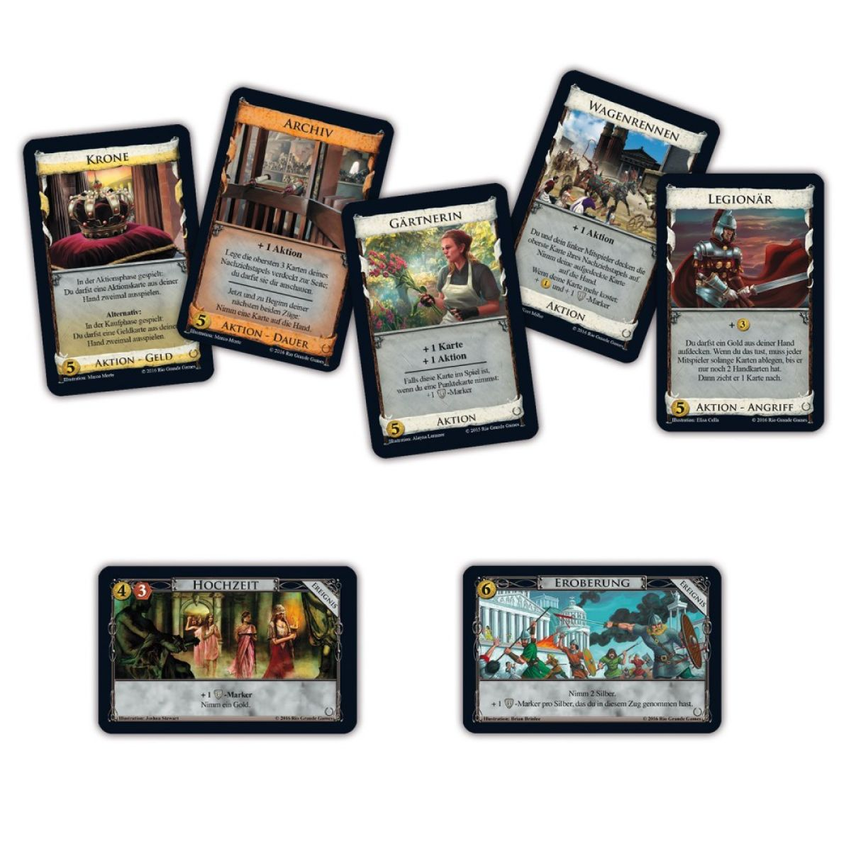 Verschiedene Dominion-Spielkarten mit Bildern und Text auf einem weißen Hintergrund.
