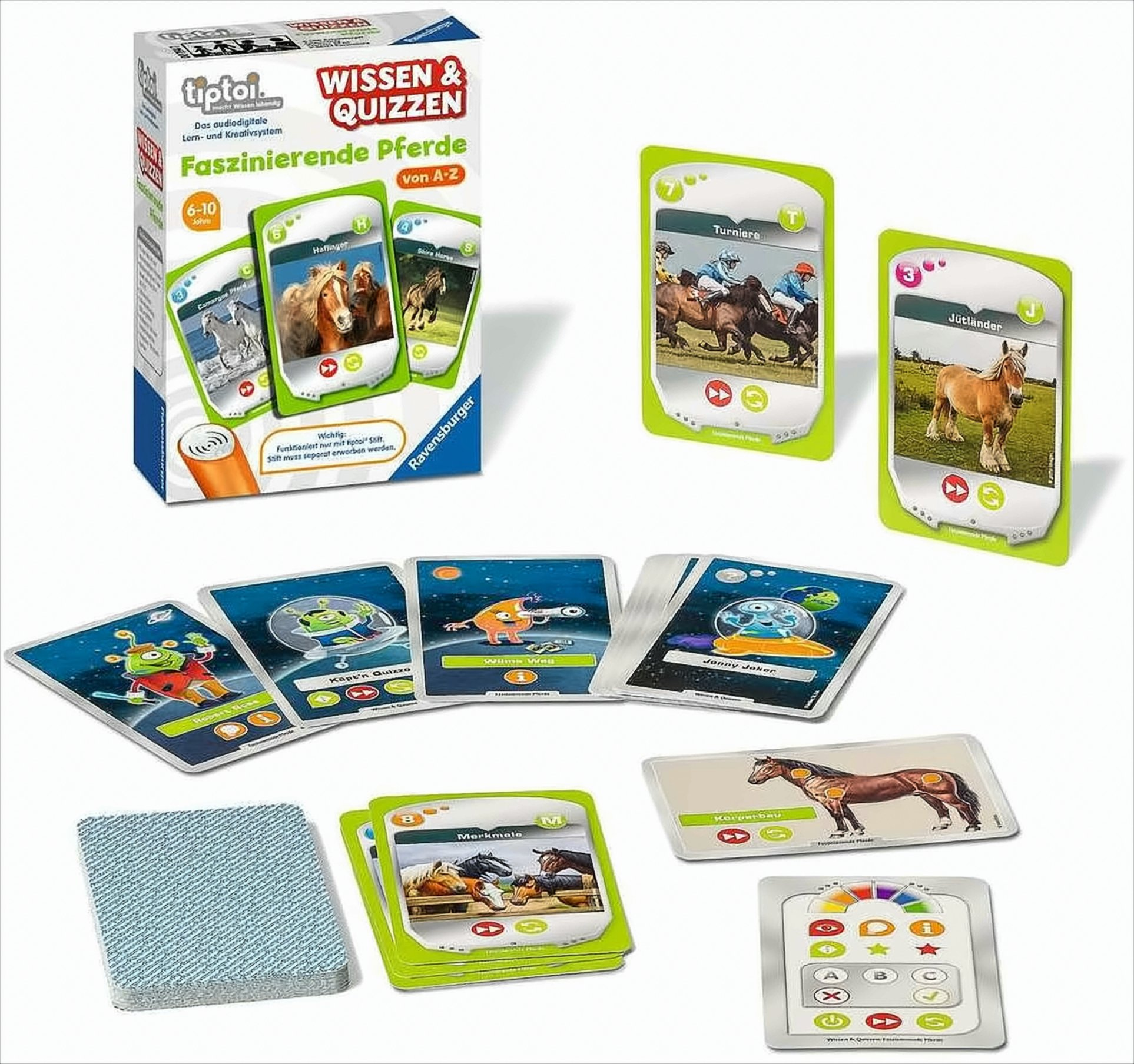 Tiptoi Wissensspiel über Pferde mit Box, Karten und Spielmaterial auf weißem Grund.