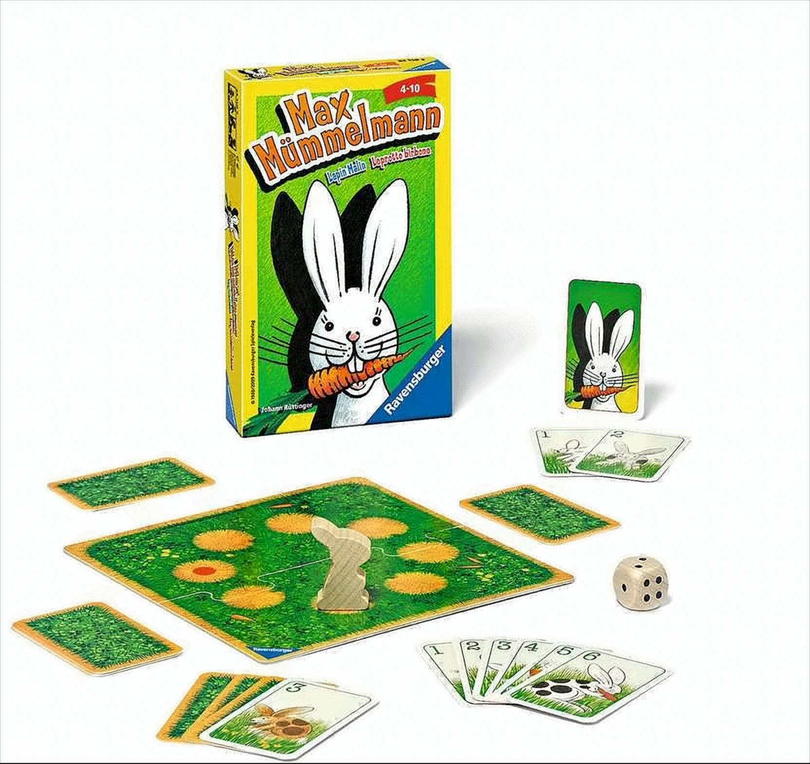 Max Mümmelmann Brettspiel mit Schachtel, grünem Brett, Holzhasen, Karten und Würfel auf weißem Hintergrund.