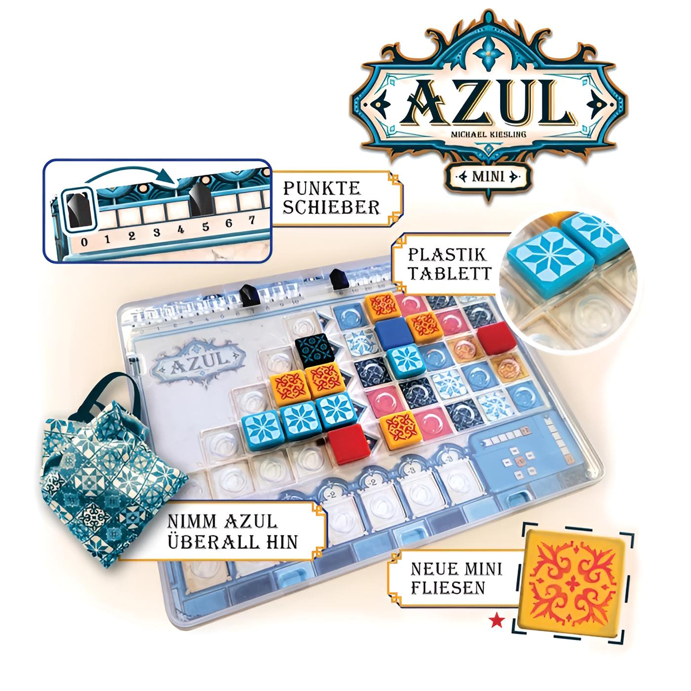Das Azul Mini Brettspiel mit bunten Fliesen, einem Stoffbeutel und deutschen Texten.