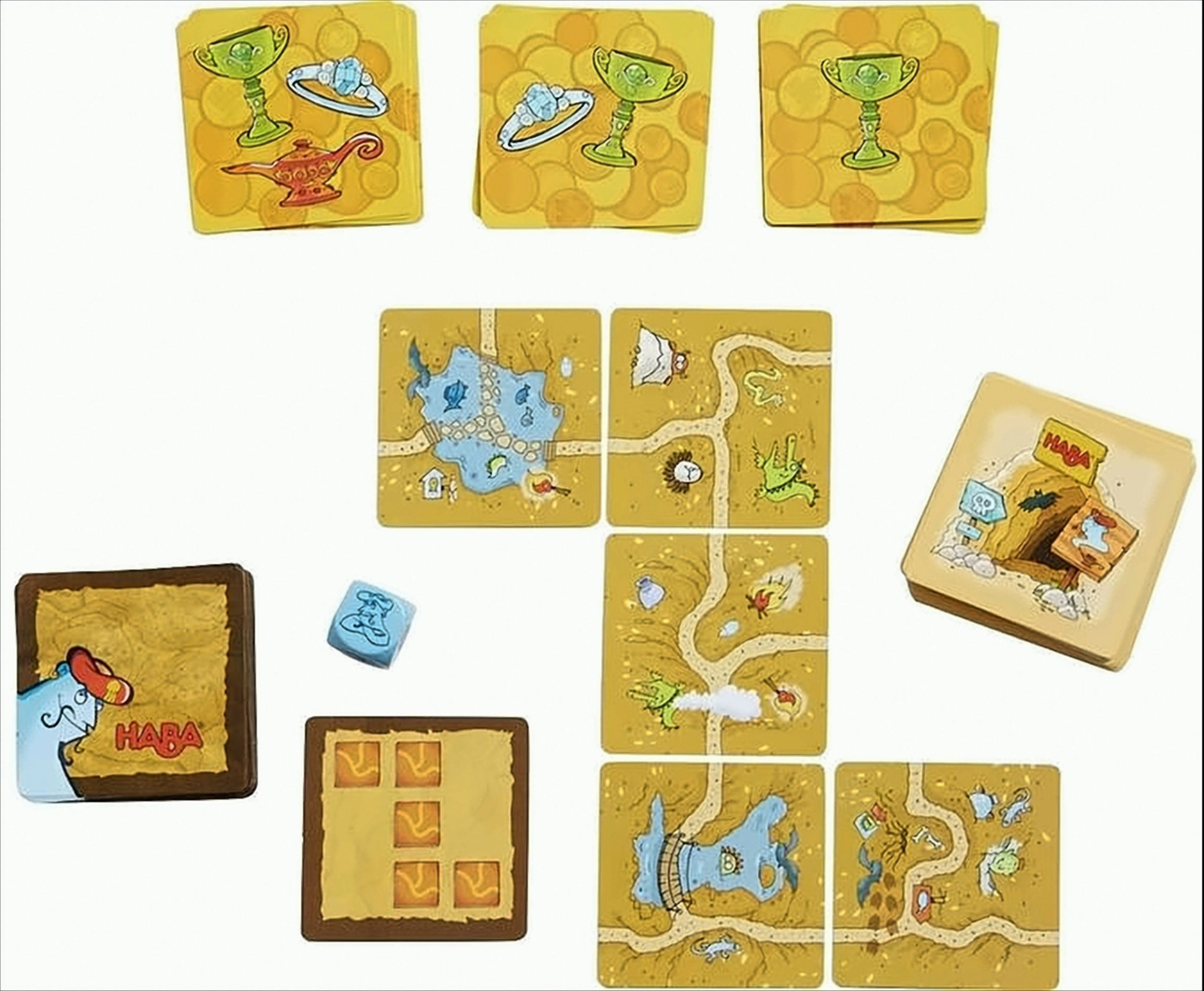Juego de mesa con fichas de ruta amarillas, cartas de tesoro y un dado azul sobre fondo blanco.