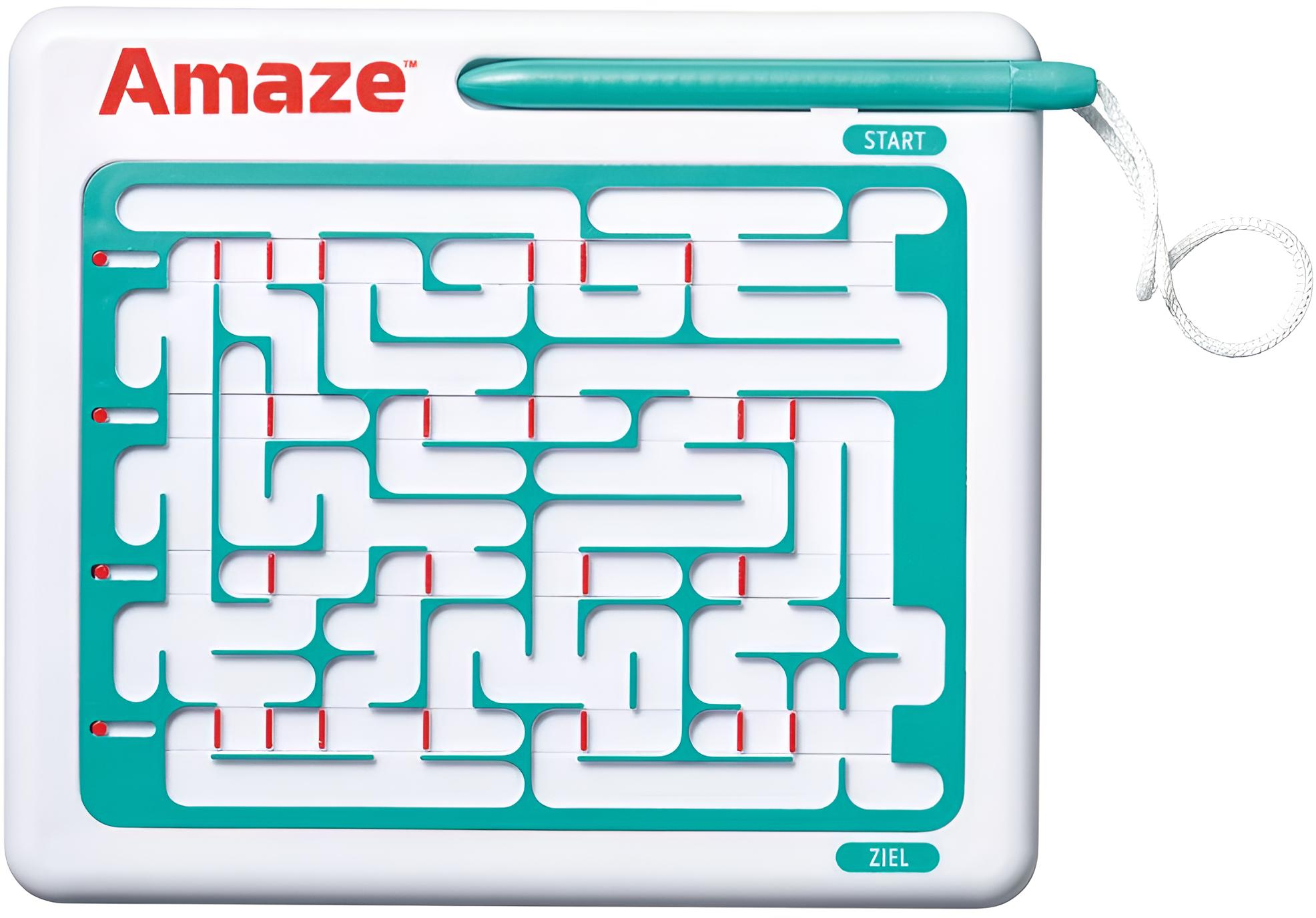 Un tablero de juego de laberinto Amaze blanco y verde azulado con un lápiz óptico.