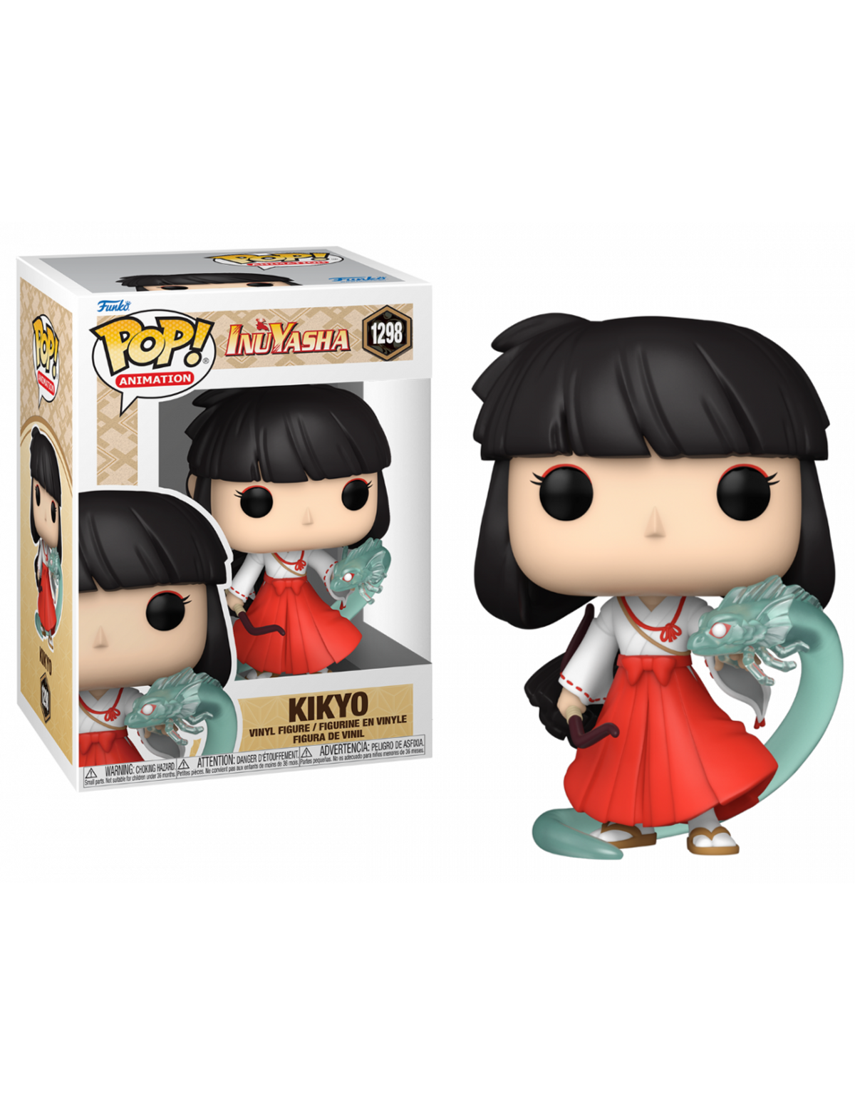 Funko Pop Kikyo Figur aus InuYasha mit rotem Kimono und einer blauen Seeschlange, verpackt in ihrer Box.