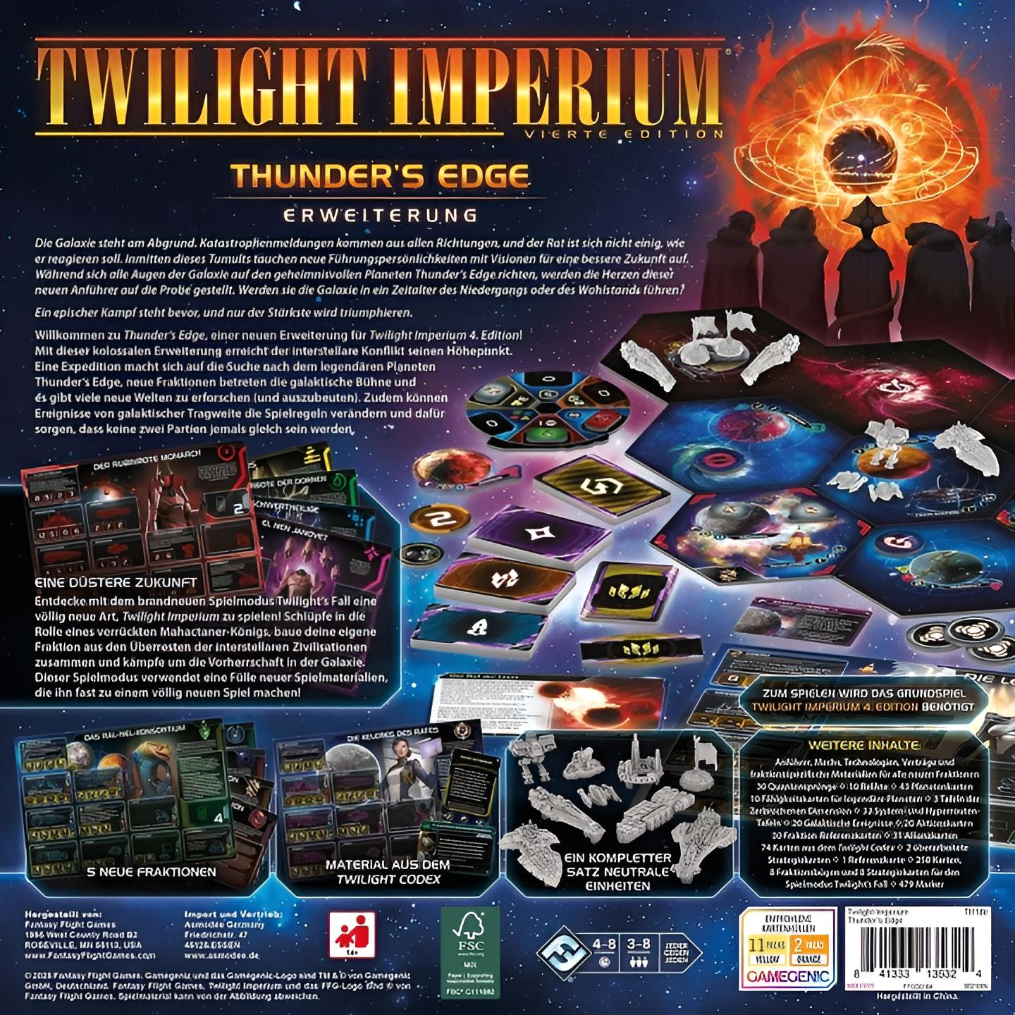 Rückseite der Brettspielverpackung Twilight Imperium Thunder's Edge mit Spielteilen und Text.