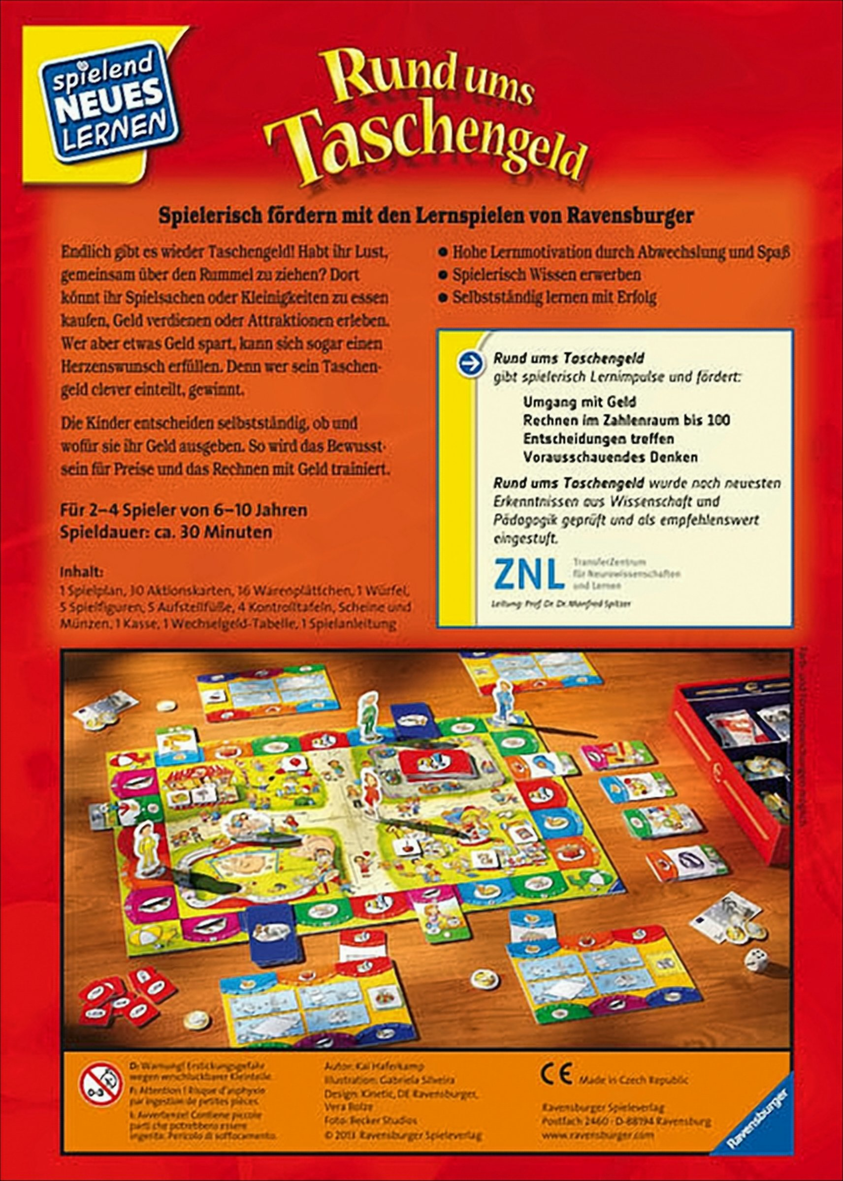 Ravensburger Brettspiel-Rückseite mit rotem Hintergrund, Infotext und einem Foto des aufgebauten Spiels.