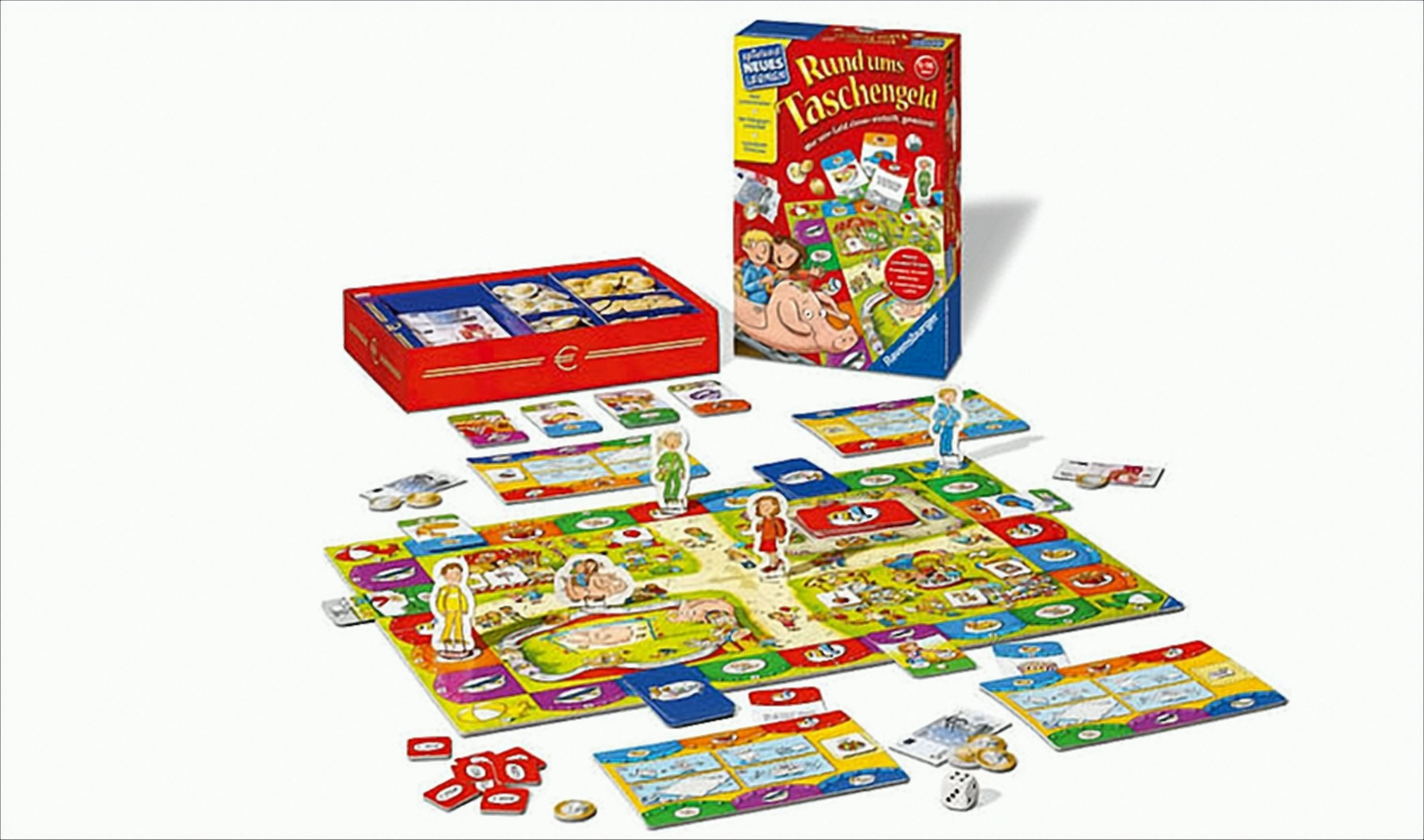 Ein Brettspiel mit einer bunten Schachtel, einem Spielplan, Karten, Spielfiguren und Würfeln auf weißem Hintergrund.