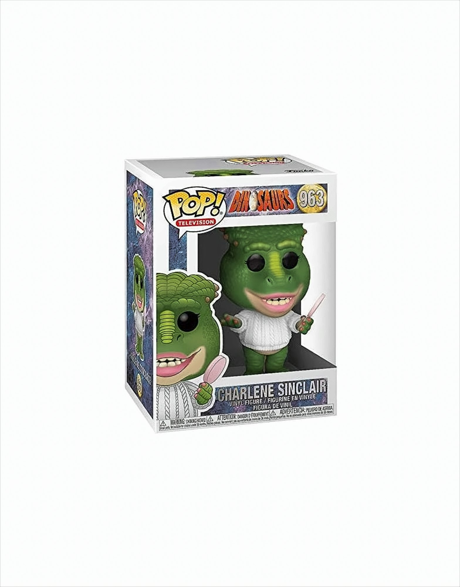 Charlene Sinclair Funko Pop Figur in Box, ein grüner Dinosaurier im weißen Pullover mit pinkem Gegenstand.