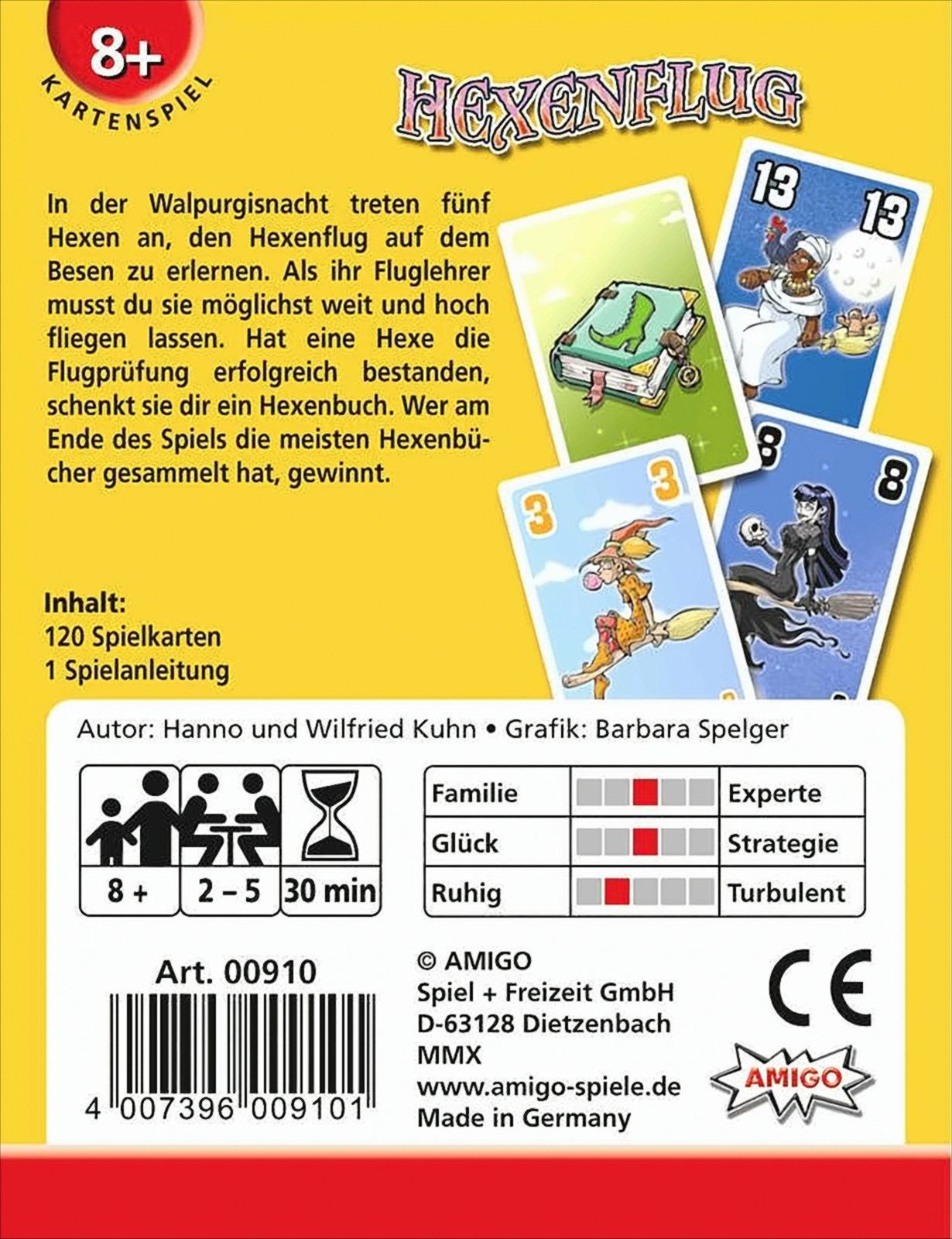 Rückseite der Kartenspielbox 'Hexenflug' mit Regeln, Kartenbildern, Spieleranzahl, Altersempfehlung und Spieldauer.