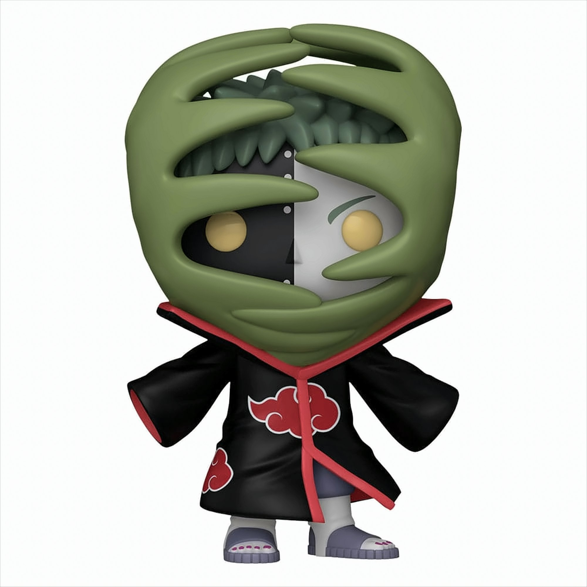 Une figurine Funko Pop de Zetsu avec des motifs de feuilles vertes, un visage noir et blanc et une cape noire.