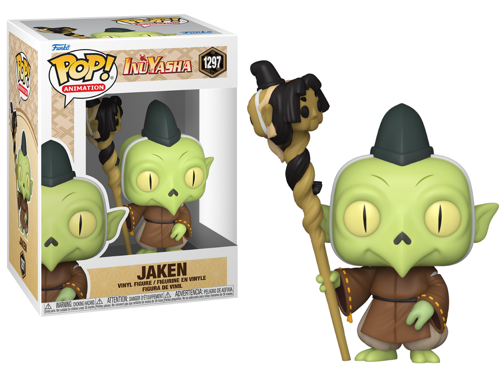 Funko Pop Jaken Vinyl-Figur aus InuYasha, grüne Haut, braune Robe, mit Stab und Verpackung.