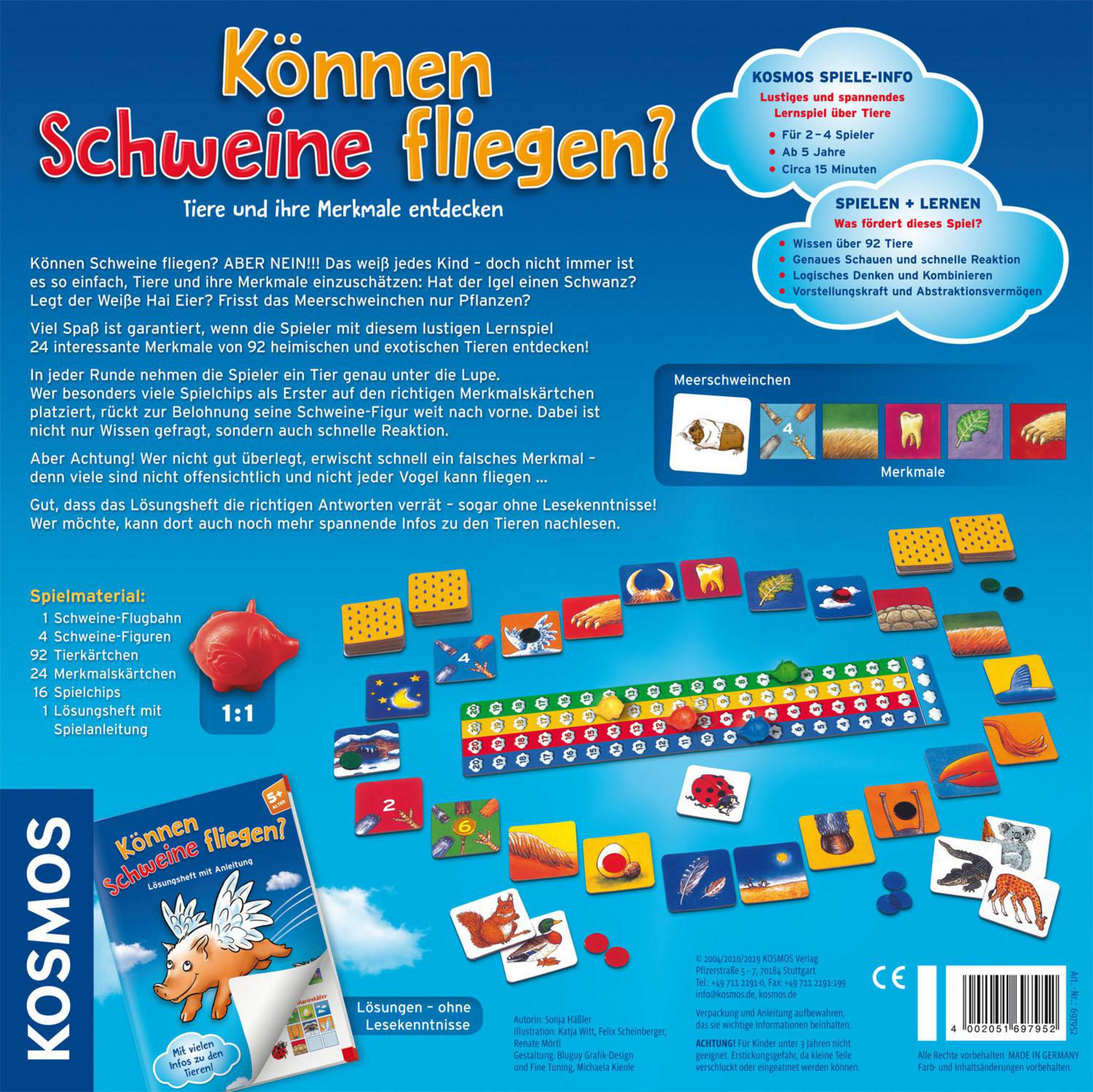 Werbeanzeige für das Brettspiel Können Schweine fliegen von Kosmos mit Tieren, Karten und Spielbrett.