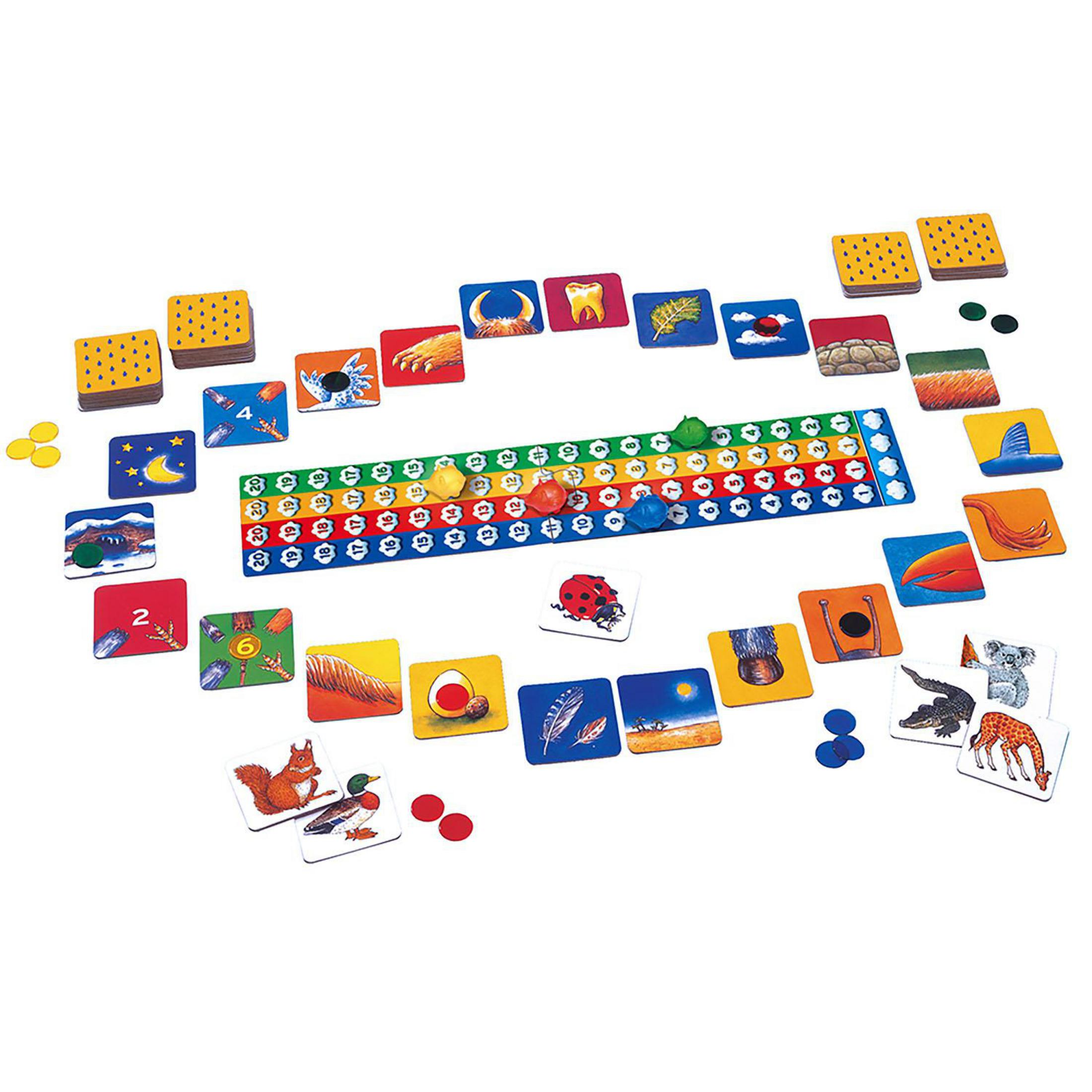 Ein farbenfrohes Brettspiel mit nummerierten Karten, Spielsteinen und Spielfiguren auf einem weißen Hintergrund.