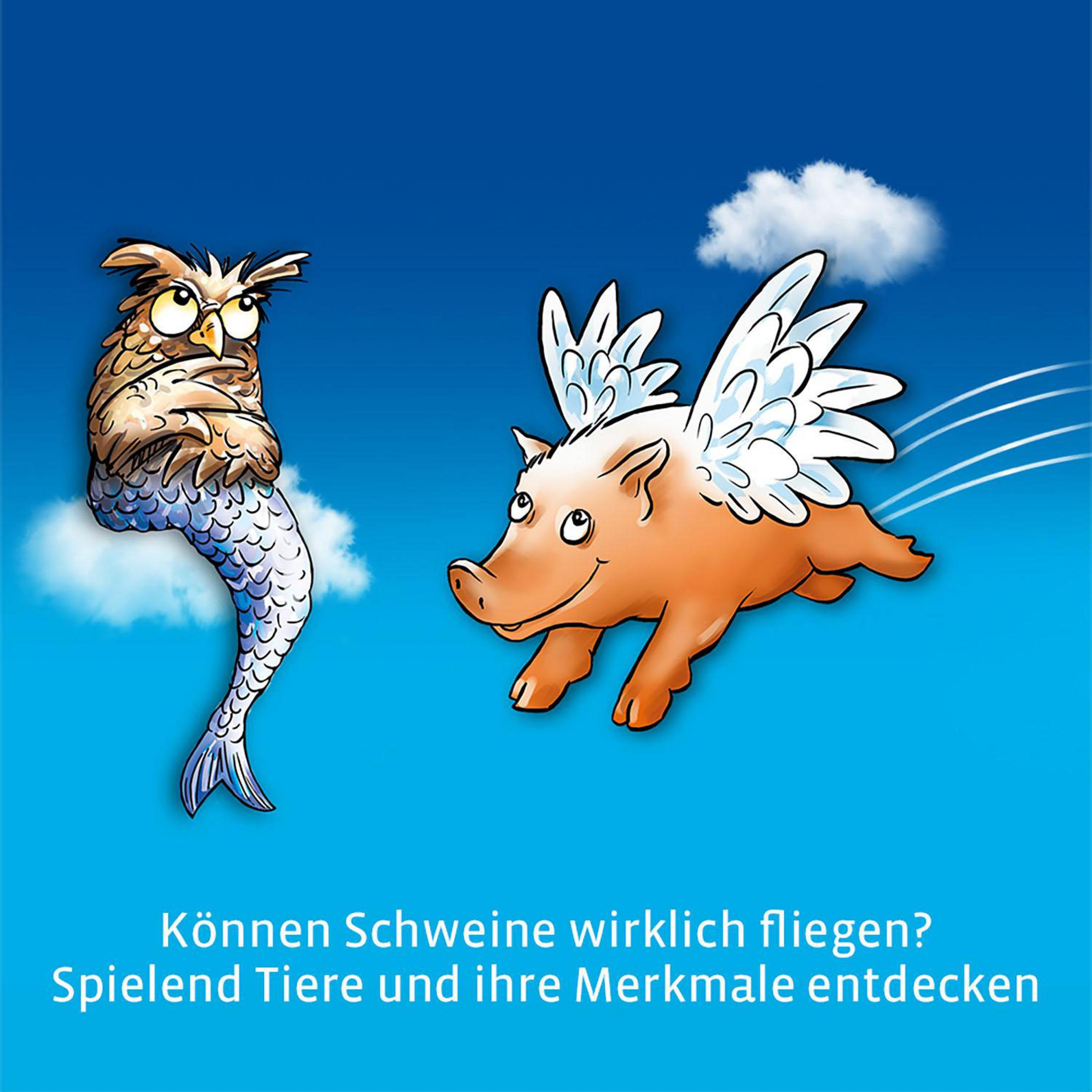 Eine Eule mit Fischschwanz und ein fliegendes Schwein mit Flügeln vor blauem Himmel mit Text.