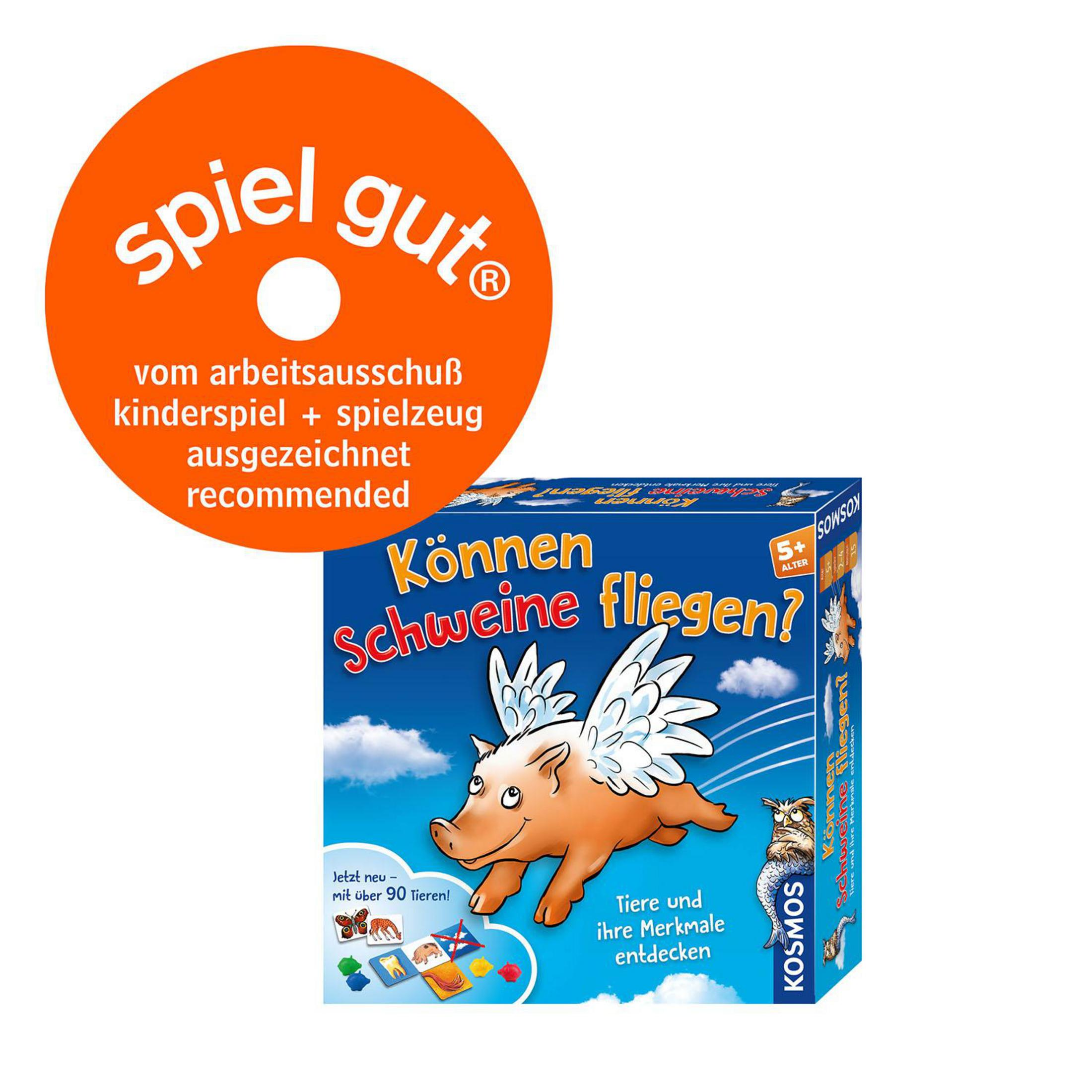 Kosmos-Kinderspiel 'Können Schweine fliegen?' mit 'spiel gut'-Auszeichnung und fliegendem Schwein.