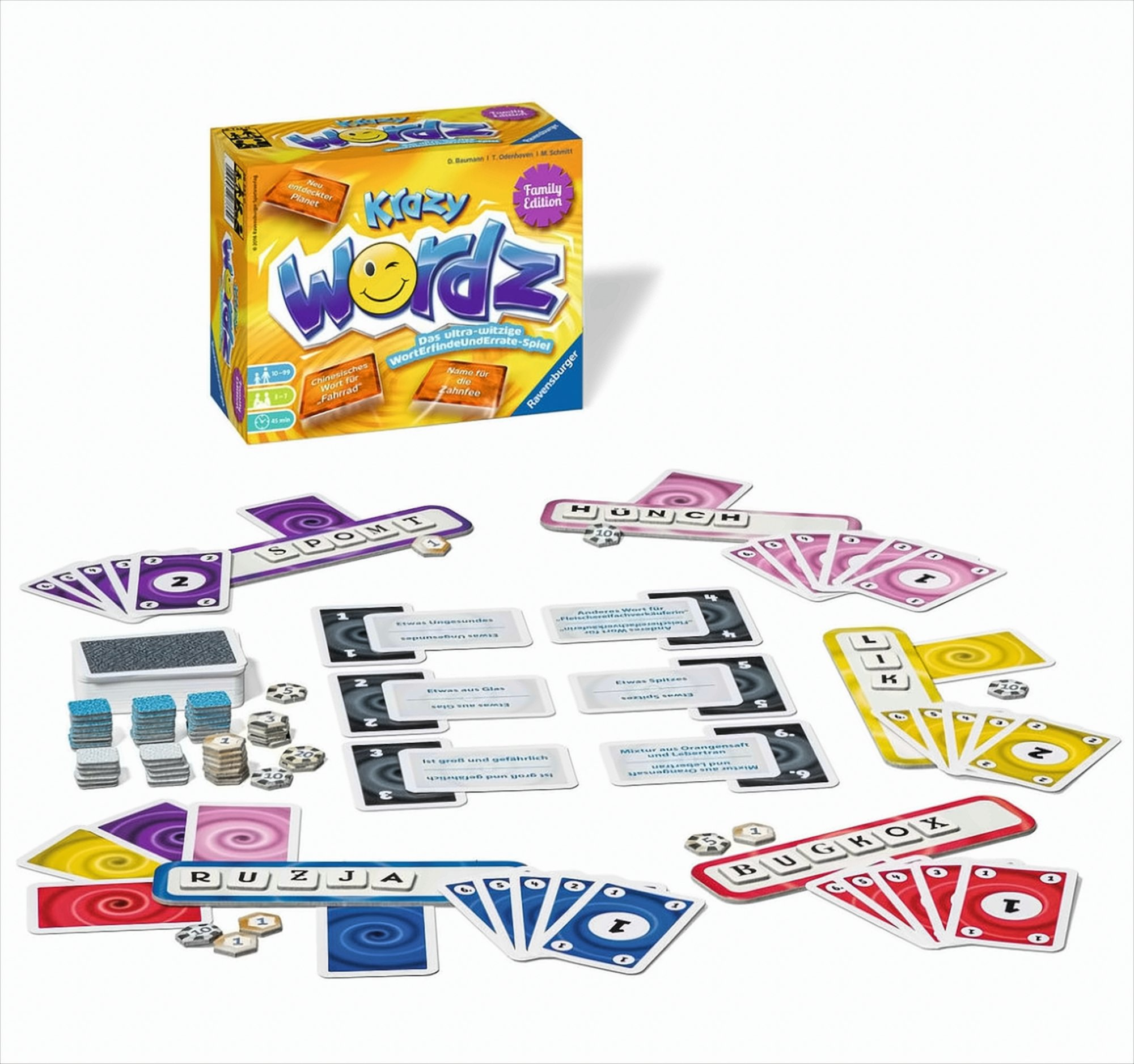 Krazy Wordz Gesellschaftsspiel mit Schachtel, bunten Karten, Buchstabentafeln und Zahlenplättchen.
