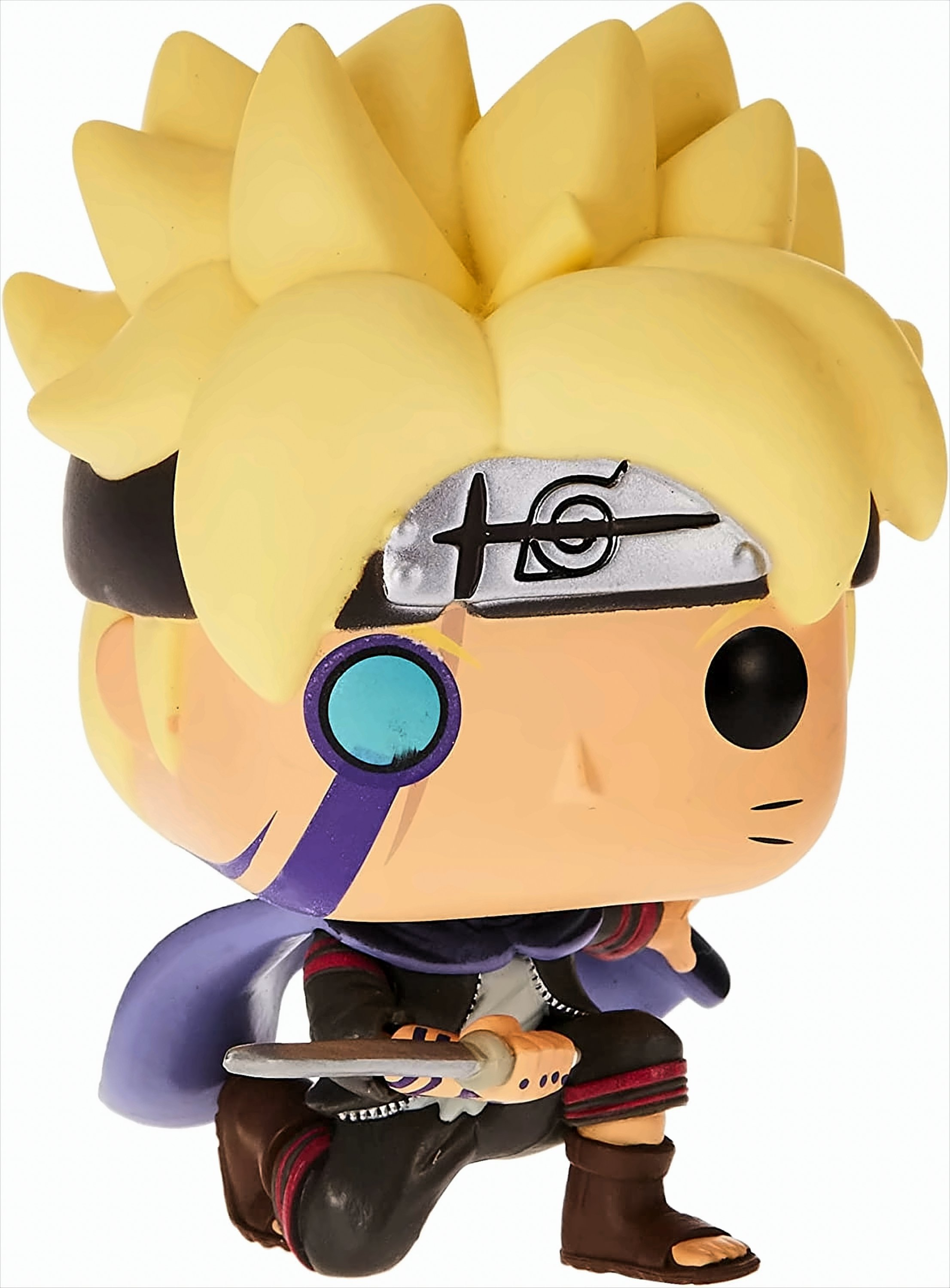 Boruto Funko Pop Figur mit blondem Haar, Stirnband, violettem Auge und Schwert in Hockposition.