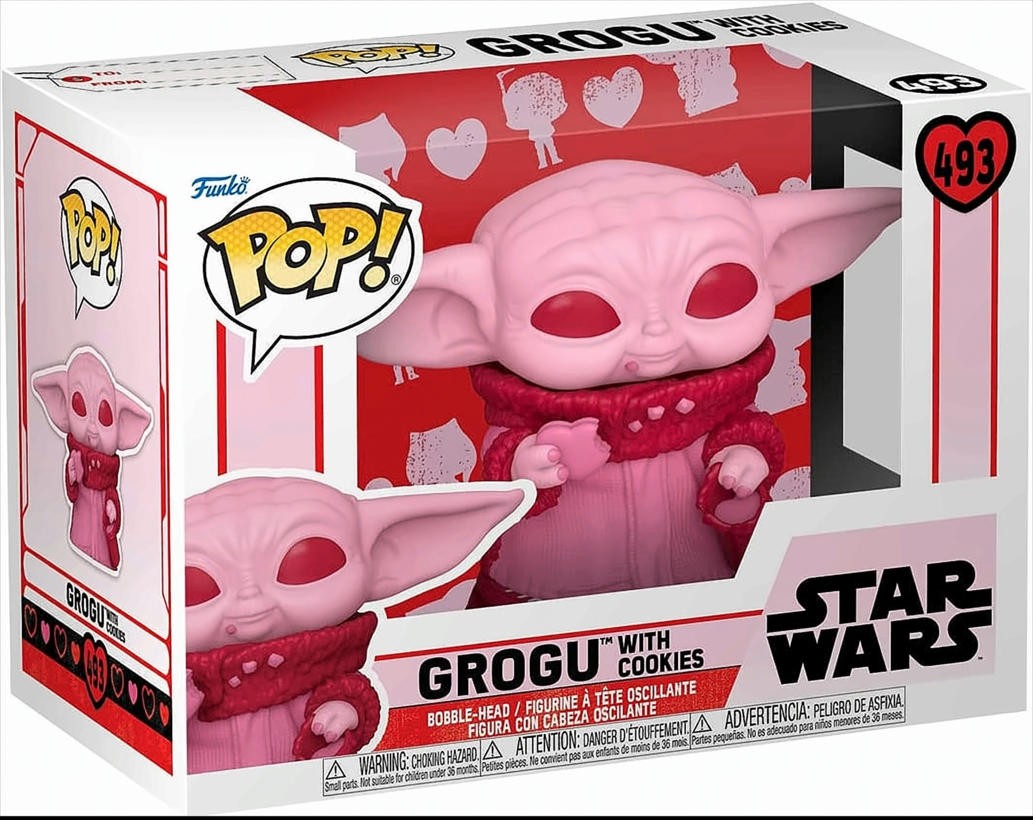 Eine rosa Funko Pop Grogu Figur in einer rot-weißen Star Wars Sammlerbox mit Herzen.