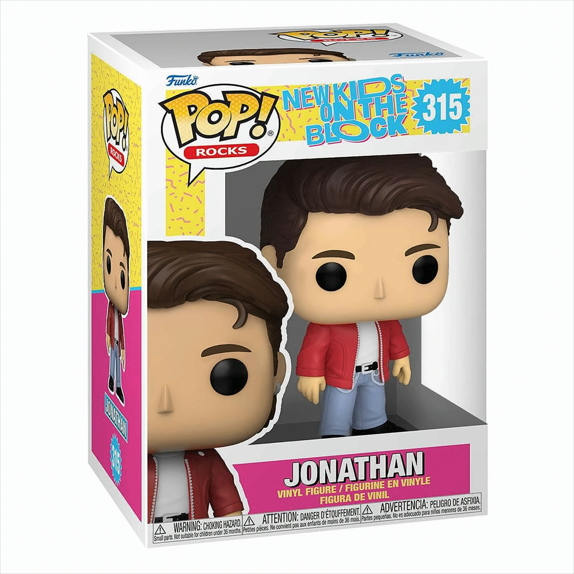 Funko Pop Rocks Jonathan Vinyl-Figur im Karton, Nummer 315, mit roter Jacke und blauen Jeans.