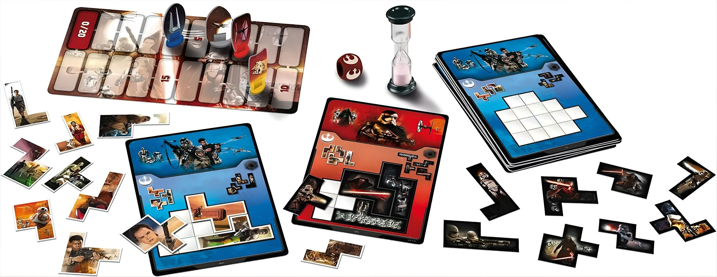 Star-Wars-Brettspiel mit Punktezähler, Timer, Würfel, Spielertafeln und Charakterplättchen auf weißem Hintergrund.