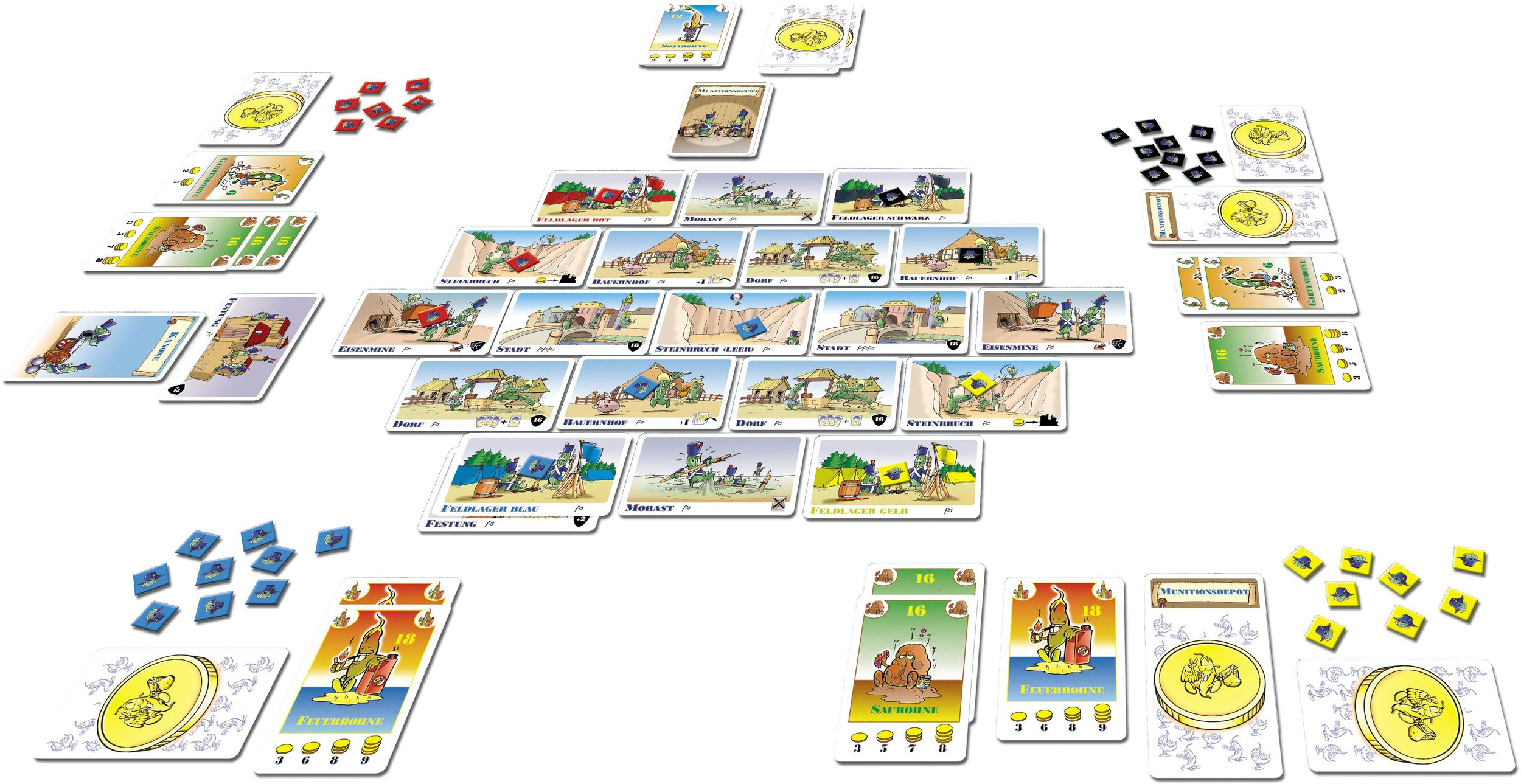 Ein Brettspiel mit Karten, die humorvolle Szenen mit Bohnenfiguren, Gebäuden und Spielsteinen auf weißem Hintergrund zeigen.