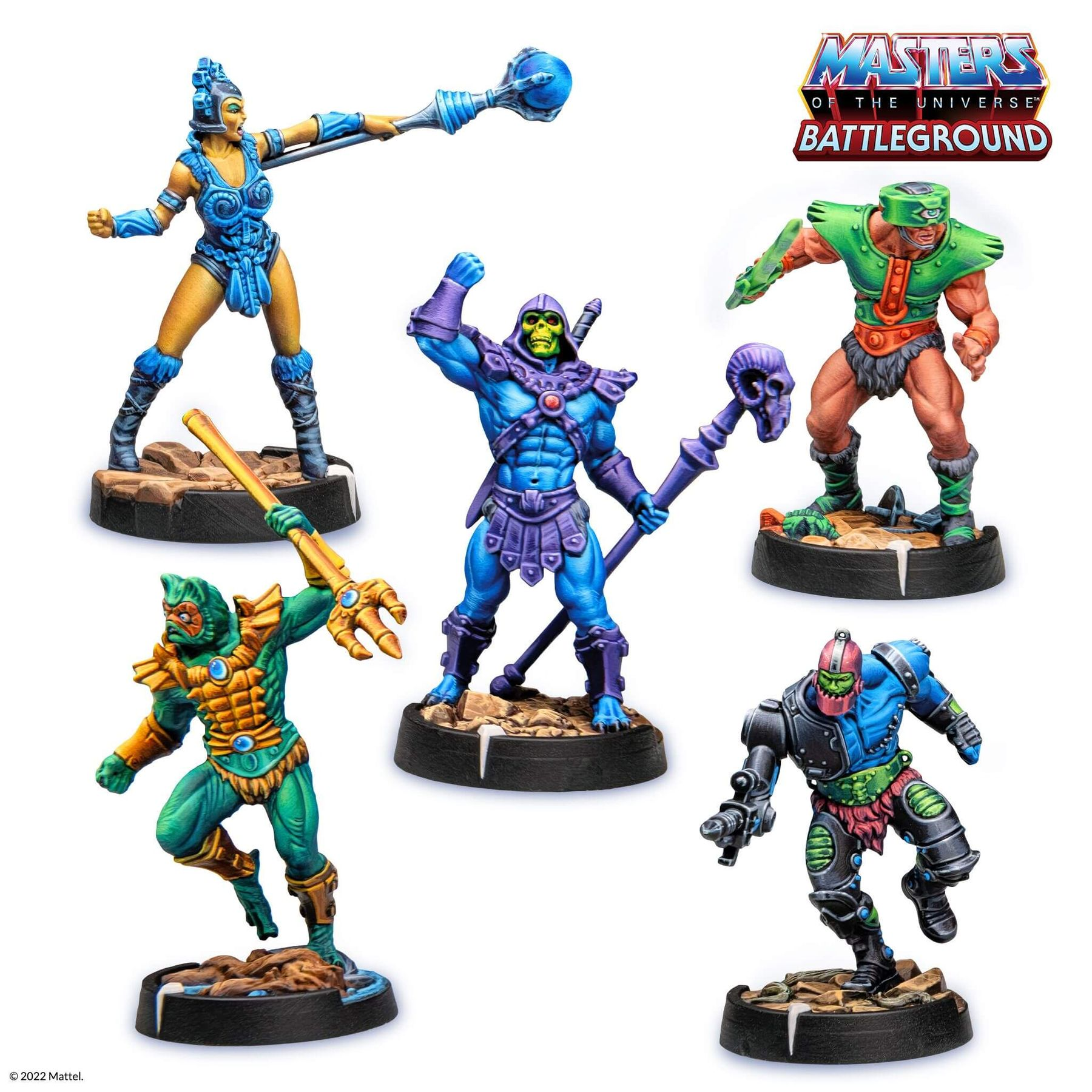 Fünf bemalte Masters of the Universe Tabletop-Miniaturen stehen auf felsigen Bases.