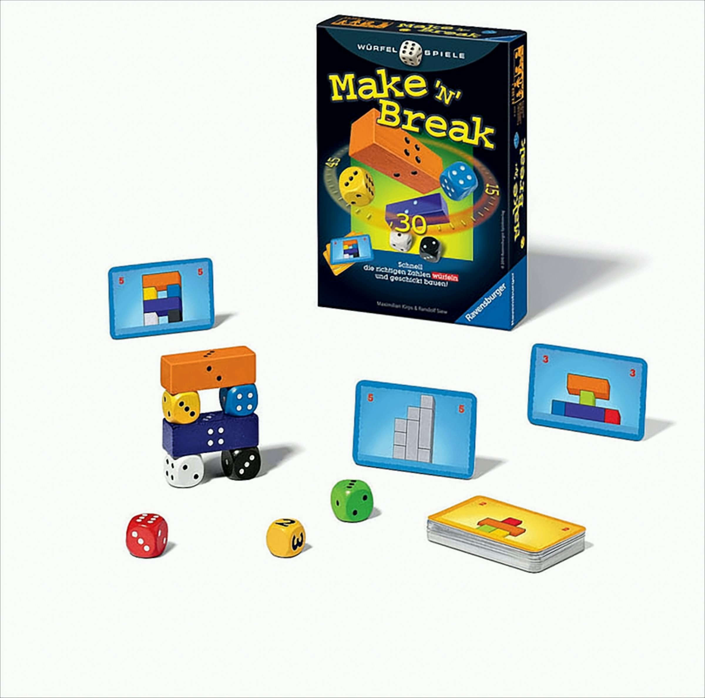 Make 'n' Break Brettspiel mit bunten Holzblöcken, Würfeln und Karten auf weißer Fläche.