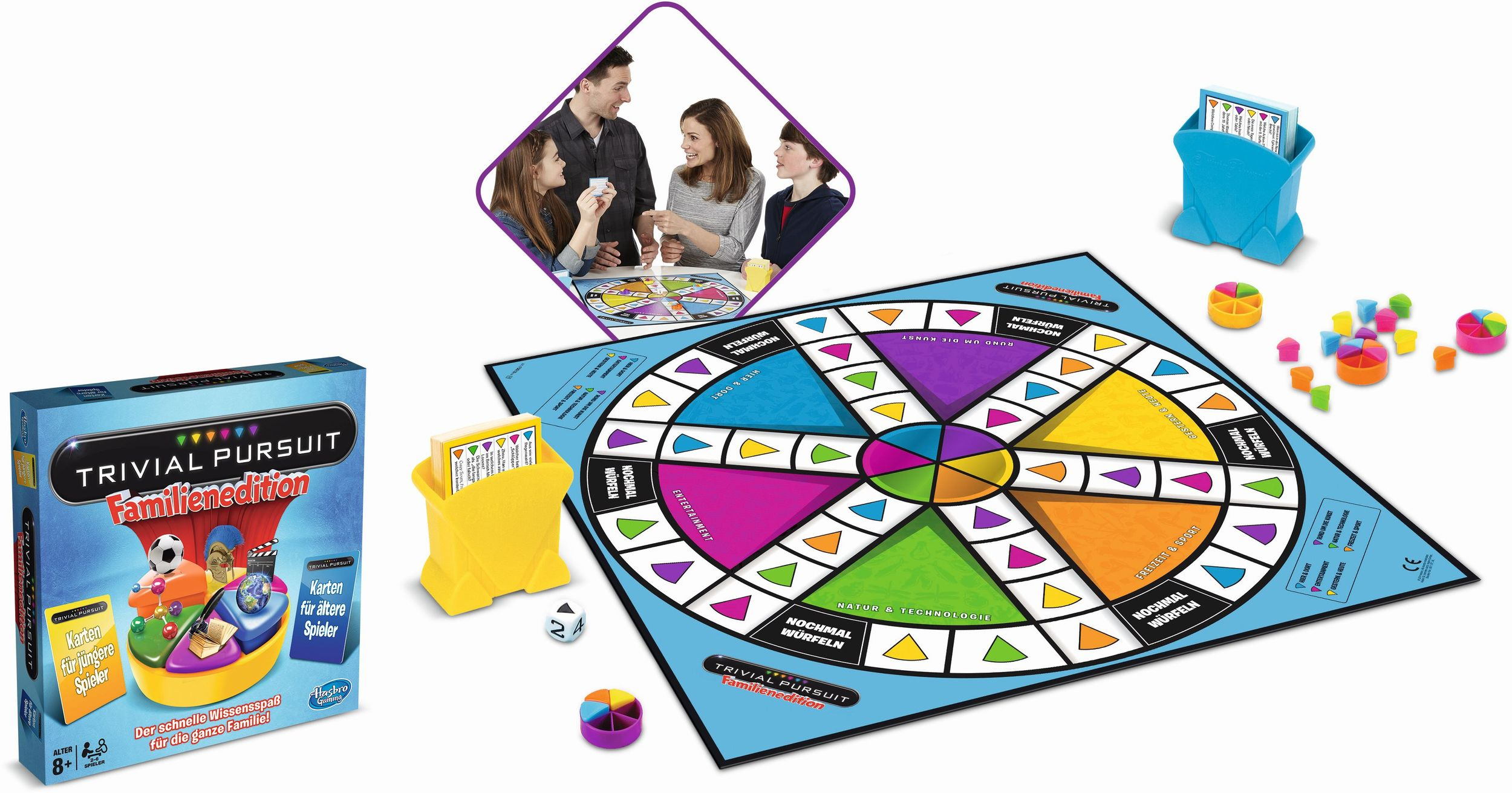 Trivial Pursuit Familienedition Brettspiel mit Box, farbigem Spielplan, Kartenhaltern, Würfel und bunten Spielfiguren.