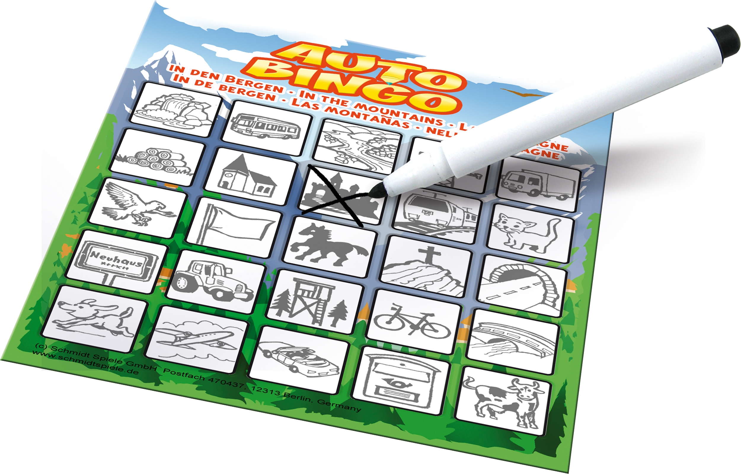 Ein Auto-Bingo-Spielkarton mit Symbolen und einem weißen Stift, der ein Bild ausstreicht.