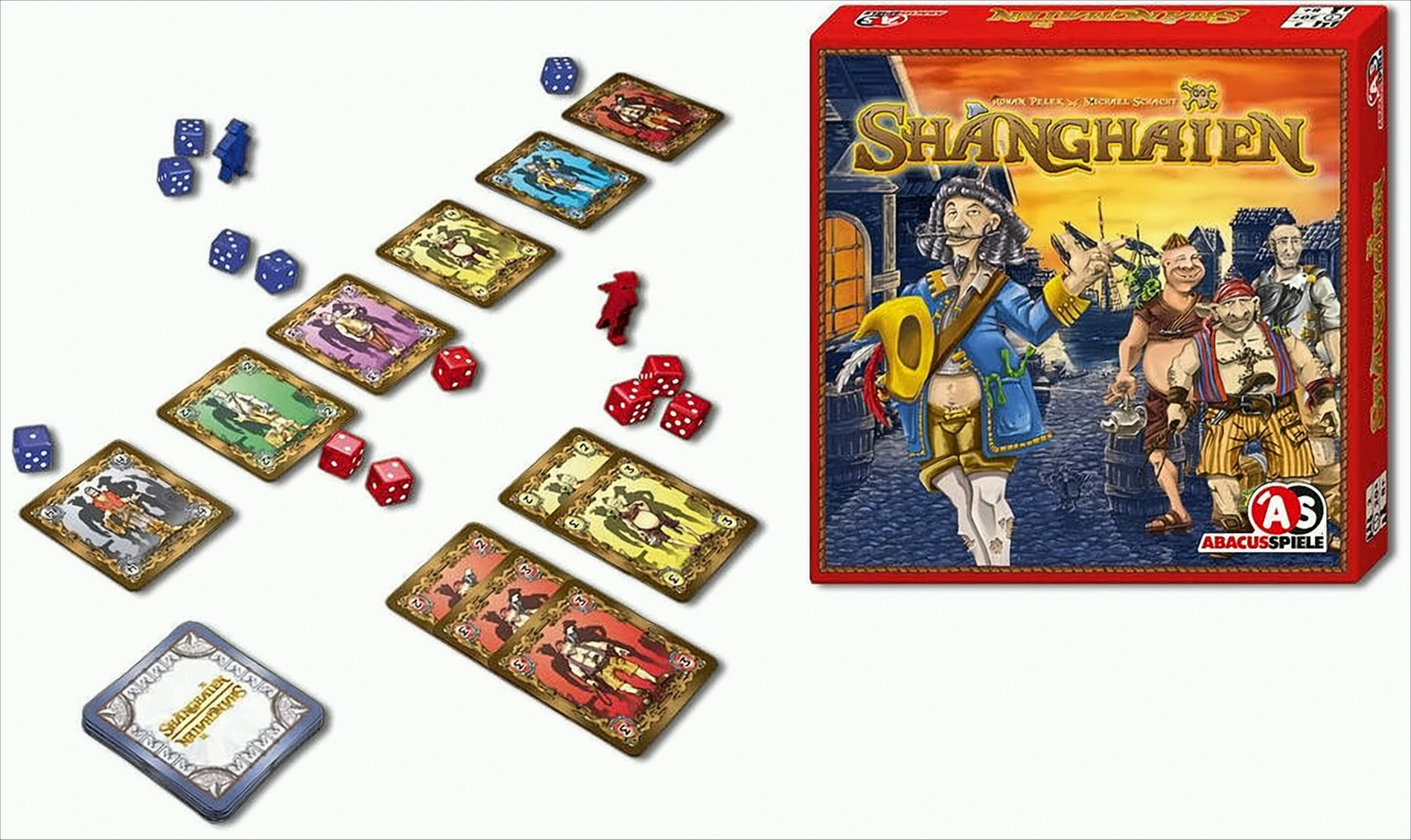Das Brettspiel Shanghaien zeigt Karten, Würfel, Figuren und die rote Verpackung mit Piratenmotiven.